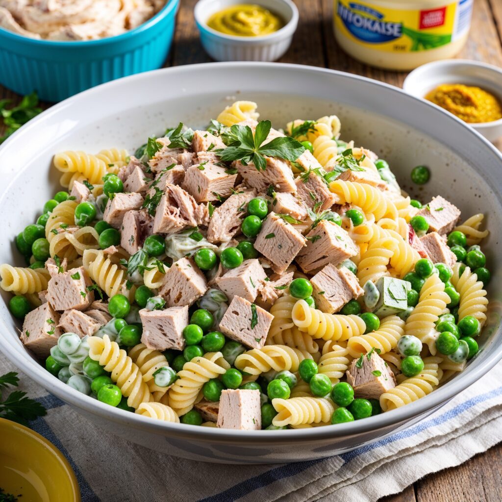 A colorful Tuna Pasta Salad in a bowl, featuring pasta, canned tuna, peas, and a creamy dressing, garnished with fresh herbs.
