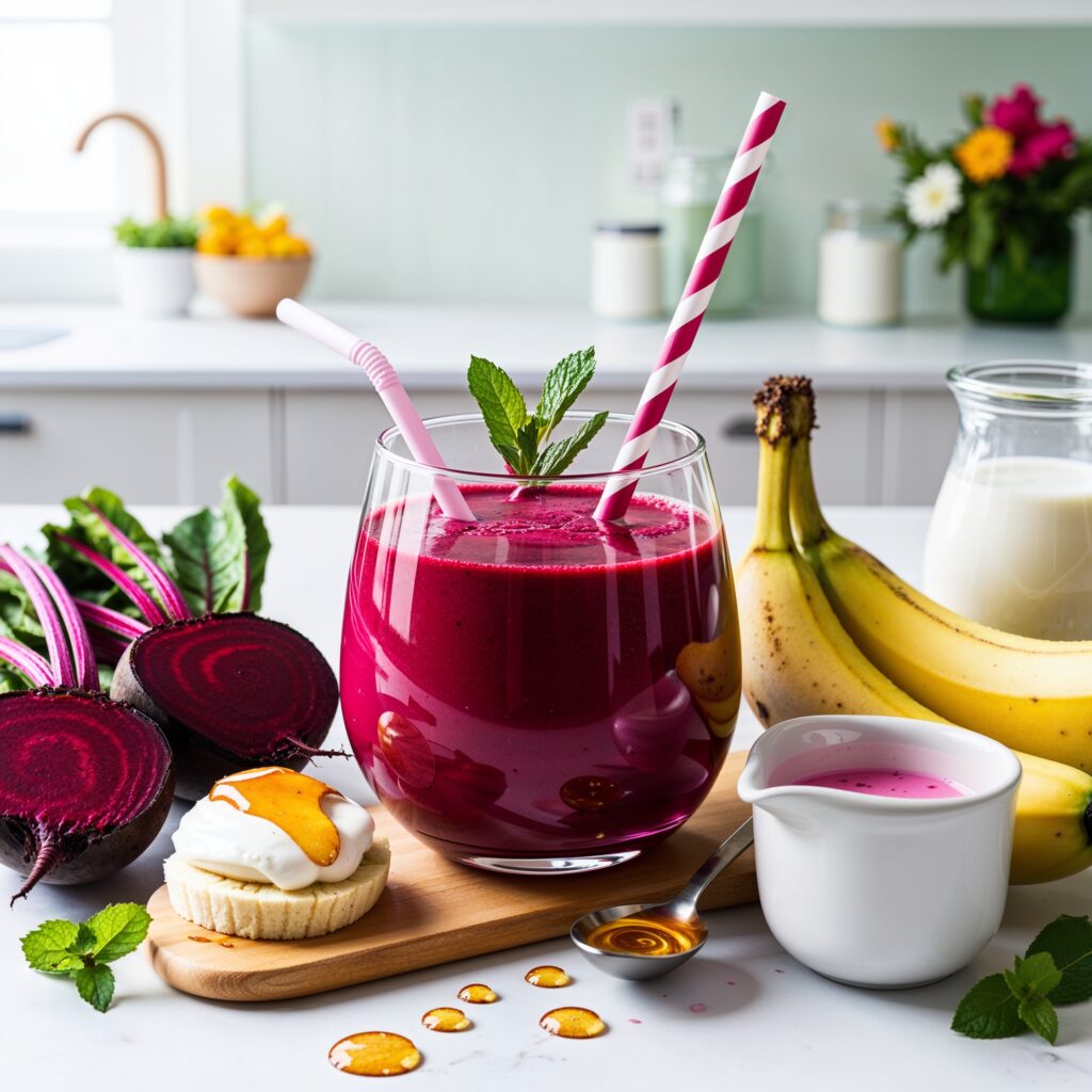 Refreshing beet smoothie with banana, yogurt, honey, and milk.
