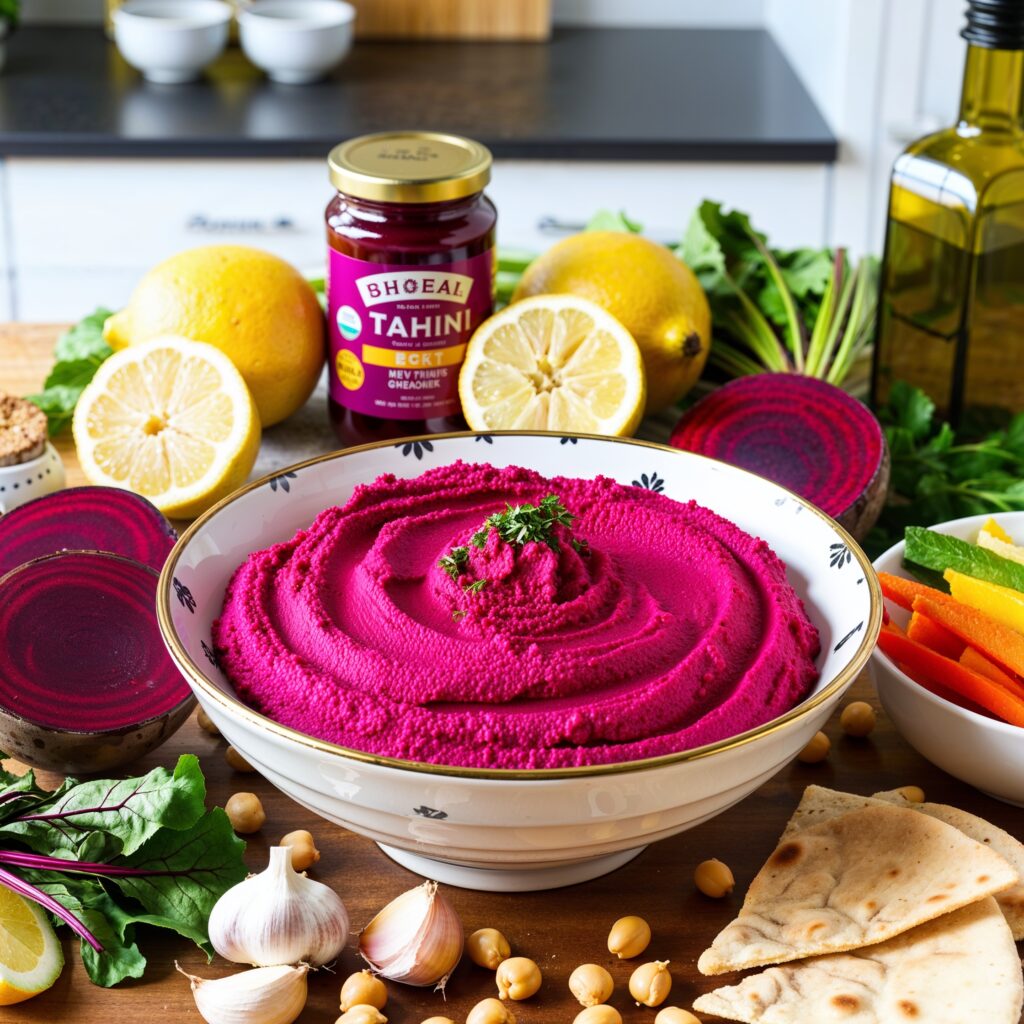 Delicious beet hummus served with pita chips and fresh veggies.