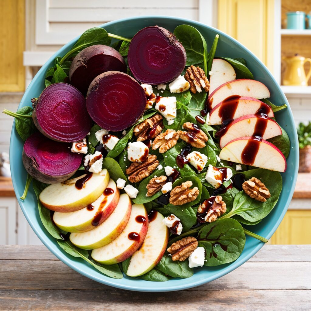 Fresh beet and apple salad with spinach, walnuts, and feta cheese.