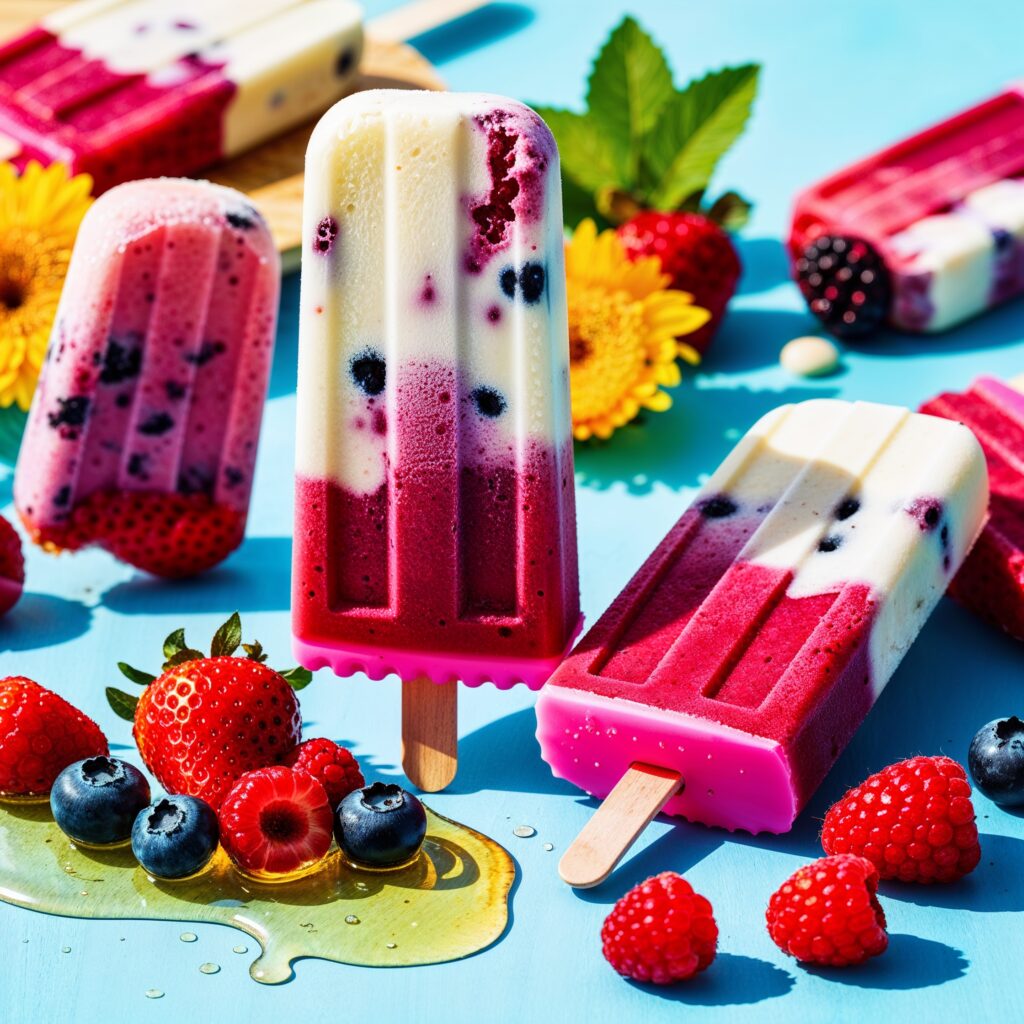 Colorful Berry Popsicles made from mixed berries and yogurt, displayed in fun shapes with fresh berries and honey nearby, are a delightful option for immunity boosting foods that can help enhance your child’s health.