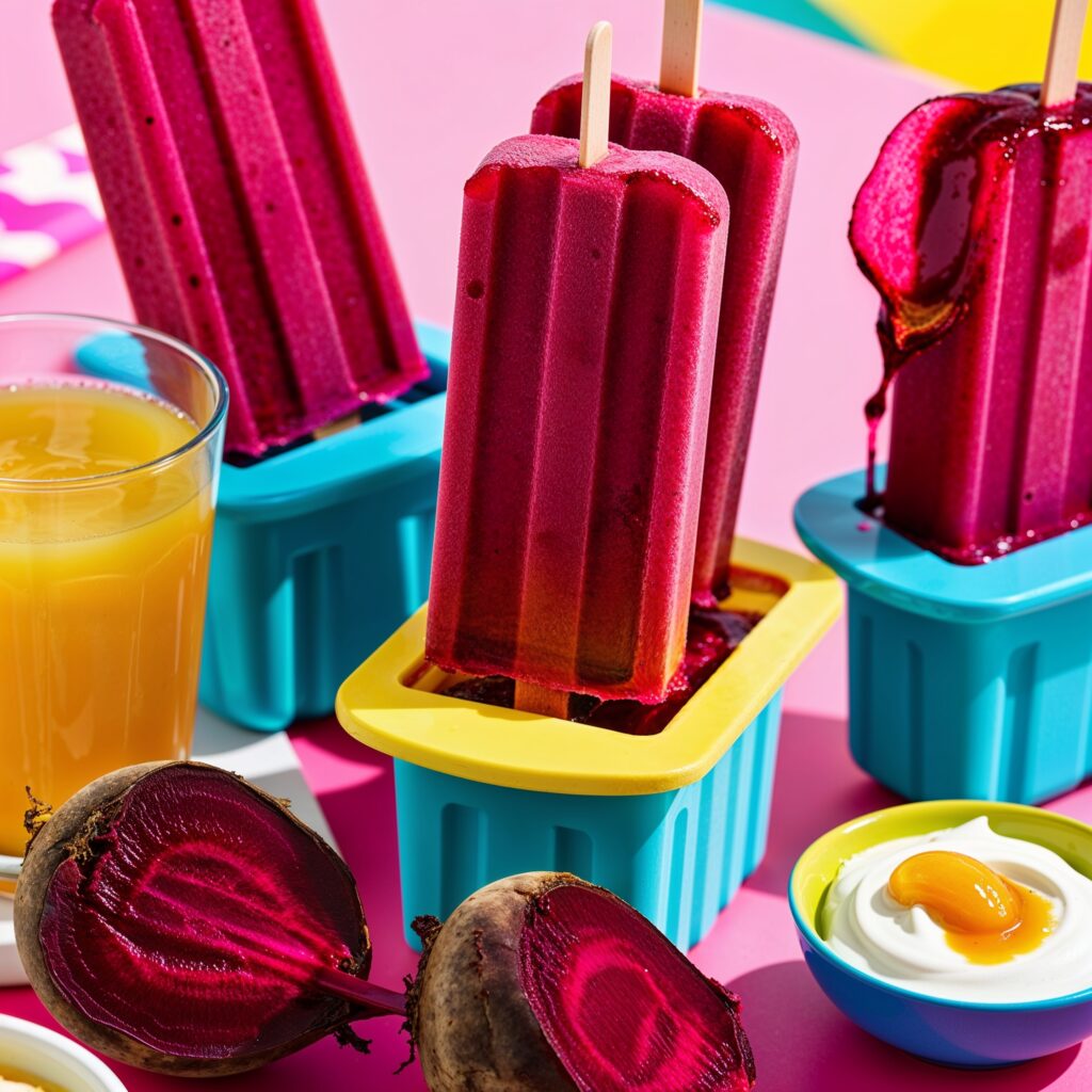 Refreshing beet popsicles made with apple juice and yogurt.