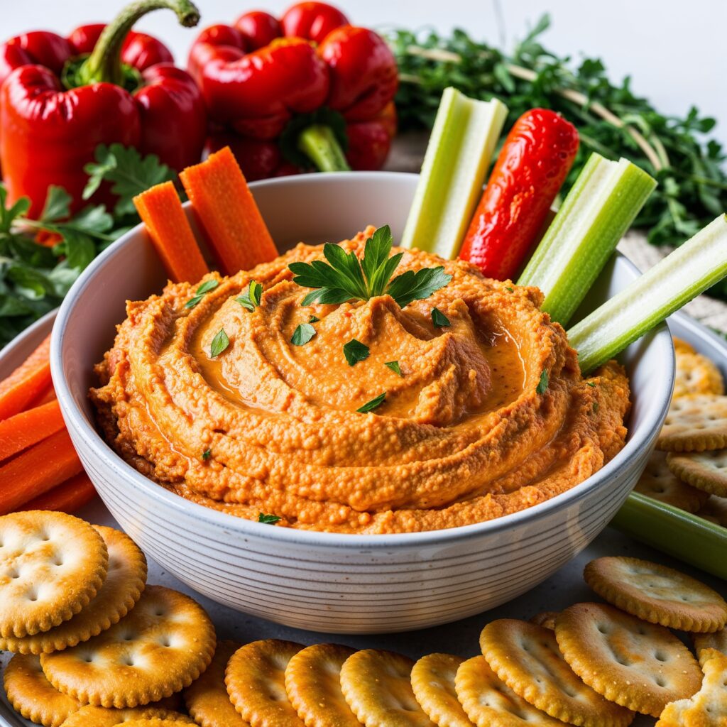 Delicious red pepper dip served with fresh veggies and crackers.