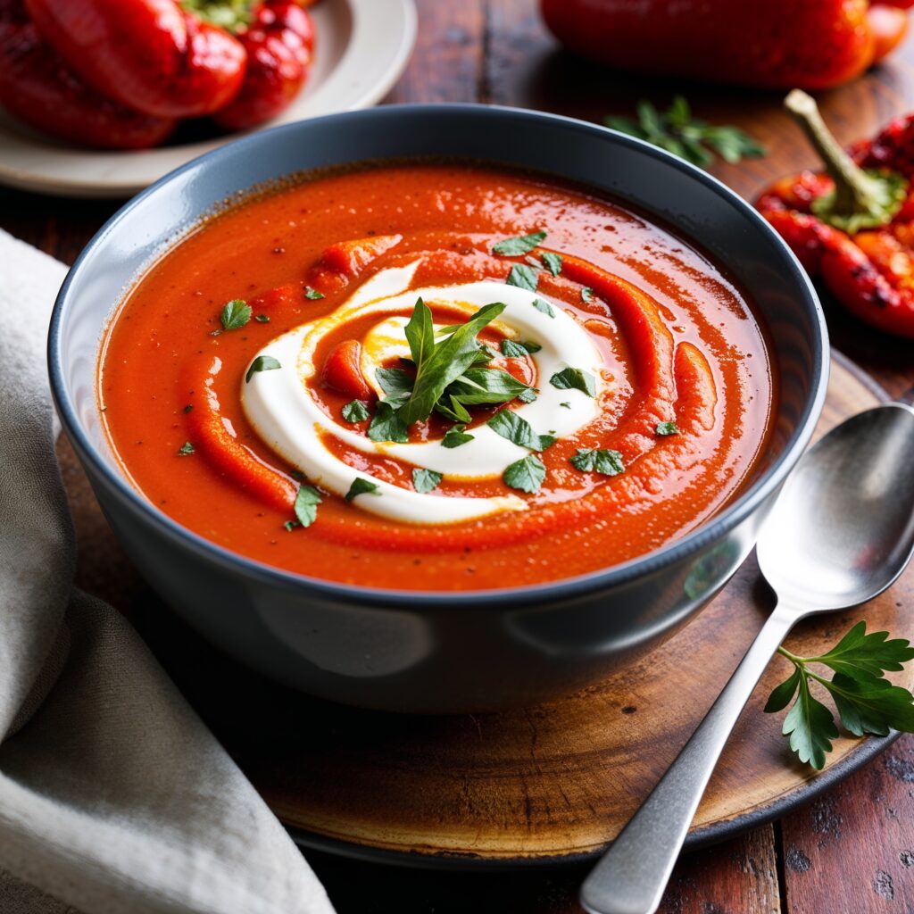 Warm roasted red pepper soup garnished with cream and herbs