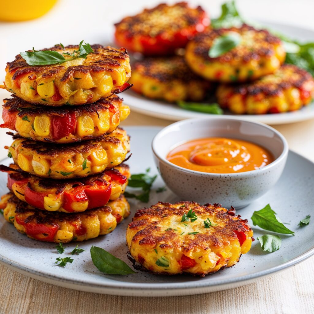 Crispy red pepper and corn fritters served with dipping sauce