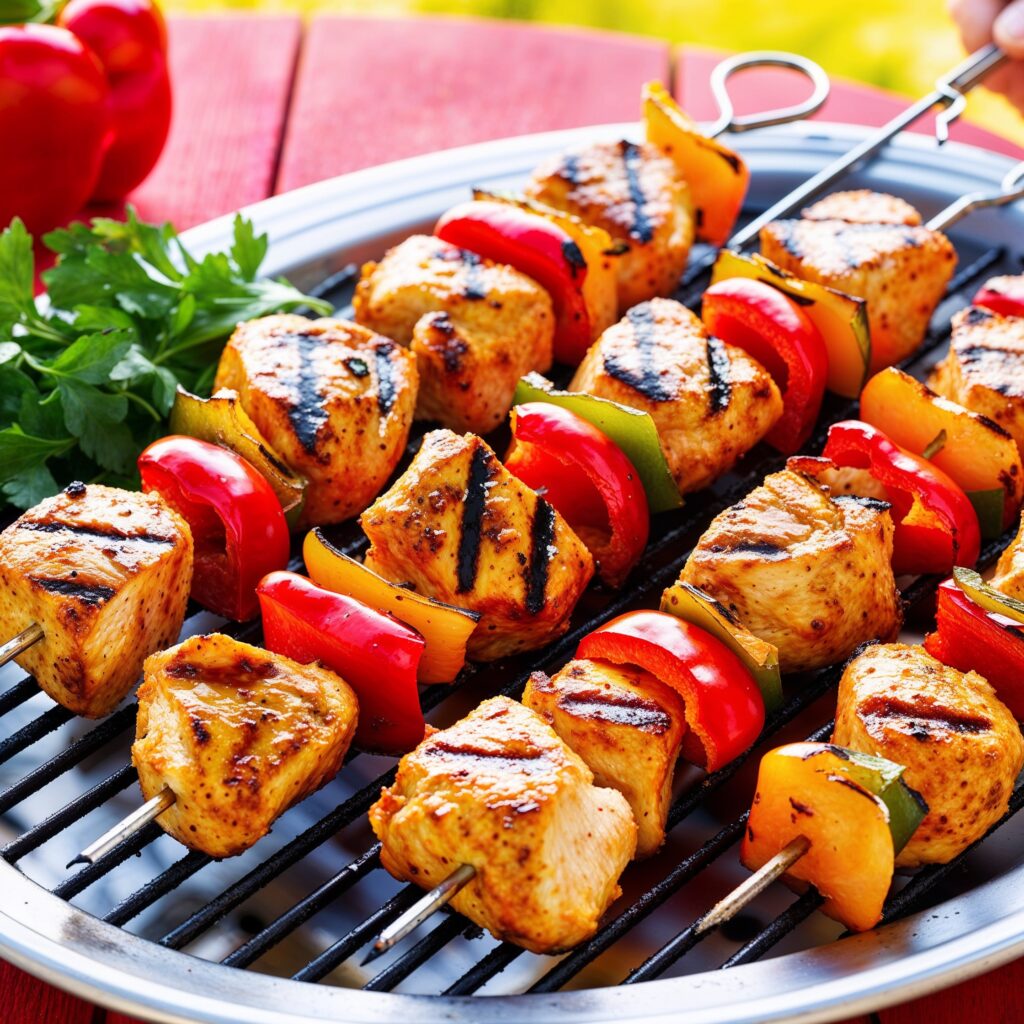 Grilled red pepper chicken skewers with vibrant colors.