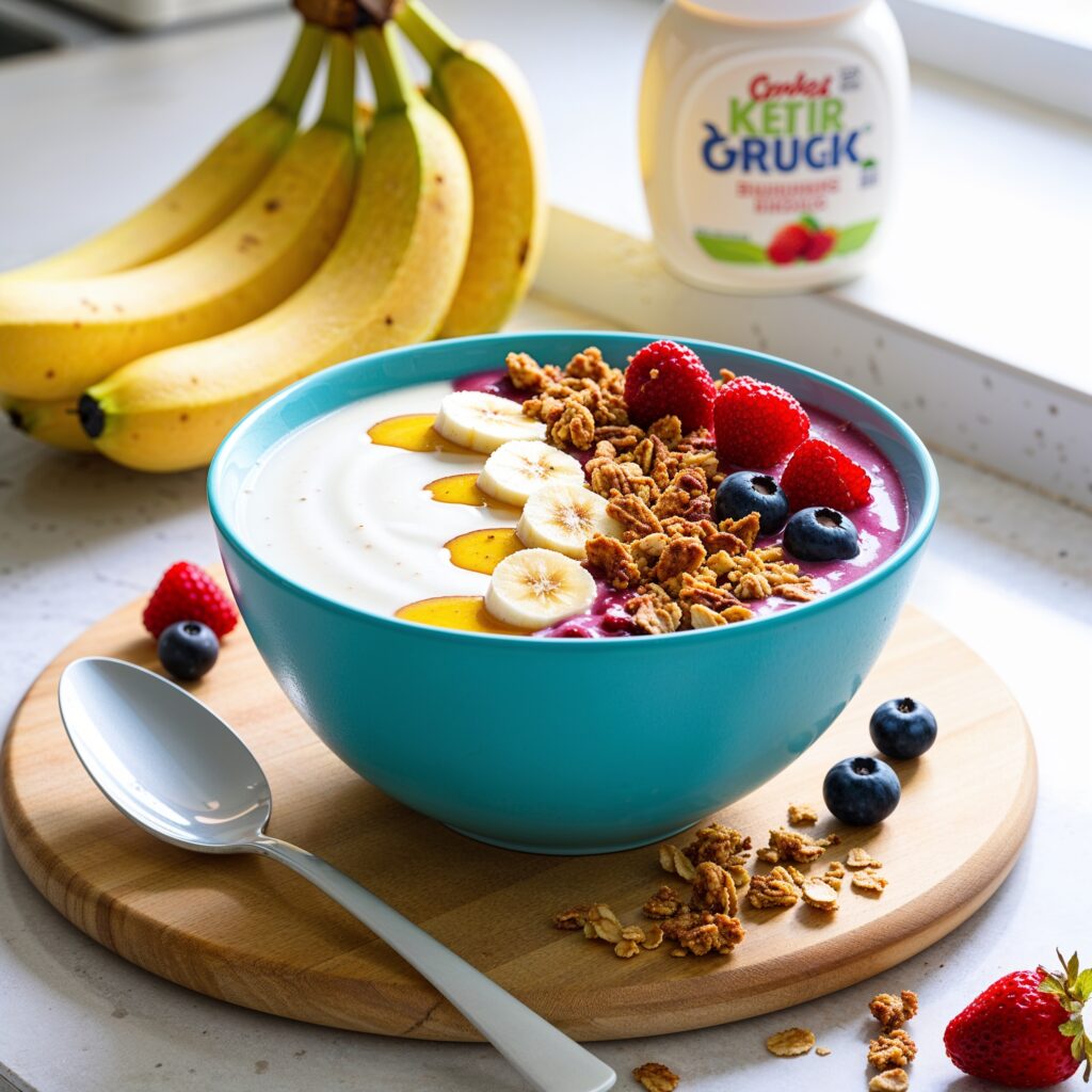 Colorful kefir smoothie bowl topped with granola and fresh berries.