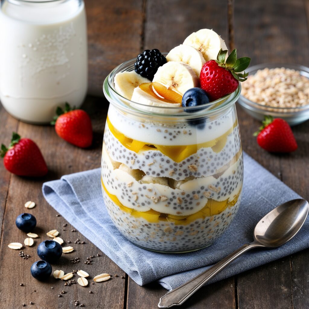 Healthy jar of kefir overnight oats topped with fresh fruit