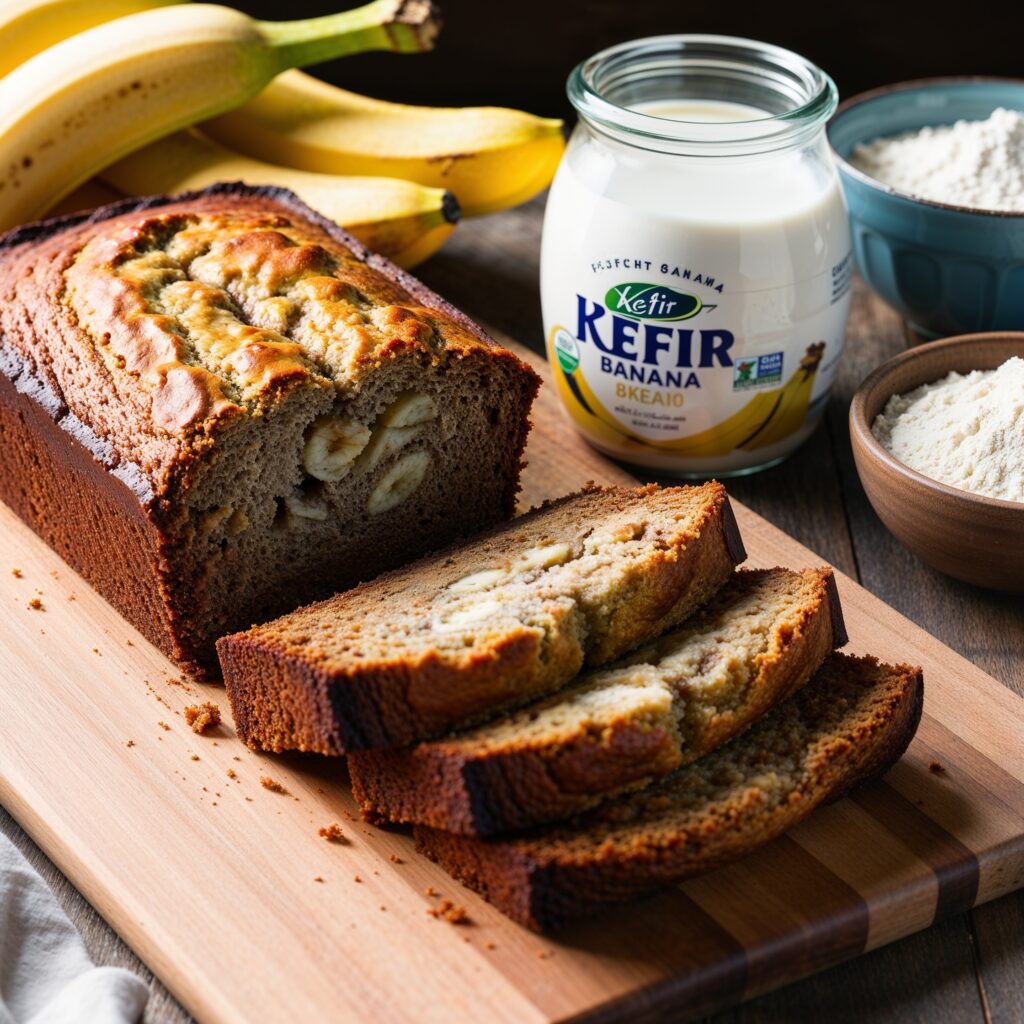 Freshly baked kefir banana bread sliced and ready to enjoy.