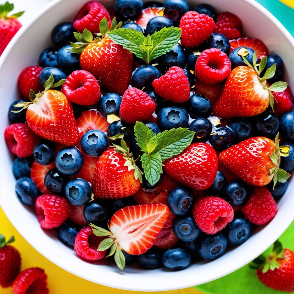 A bowl of colorful Berry Fruit Salad featuring strawberries, blueberries, and raspberries, drizzled with honey and garnished with mint, is a delicious example of immunity boosting foods that can enhance your family's health.