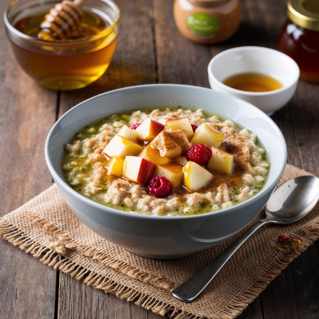 Warm green tea oatmeal topped with honey, cinnamon, and fresh fruit.