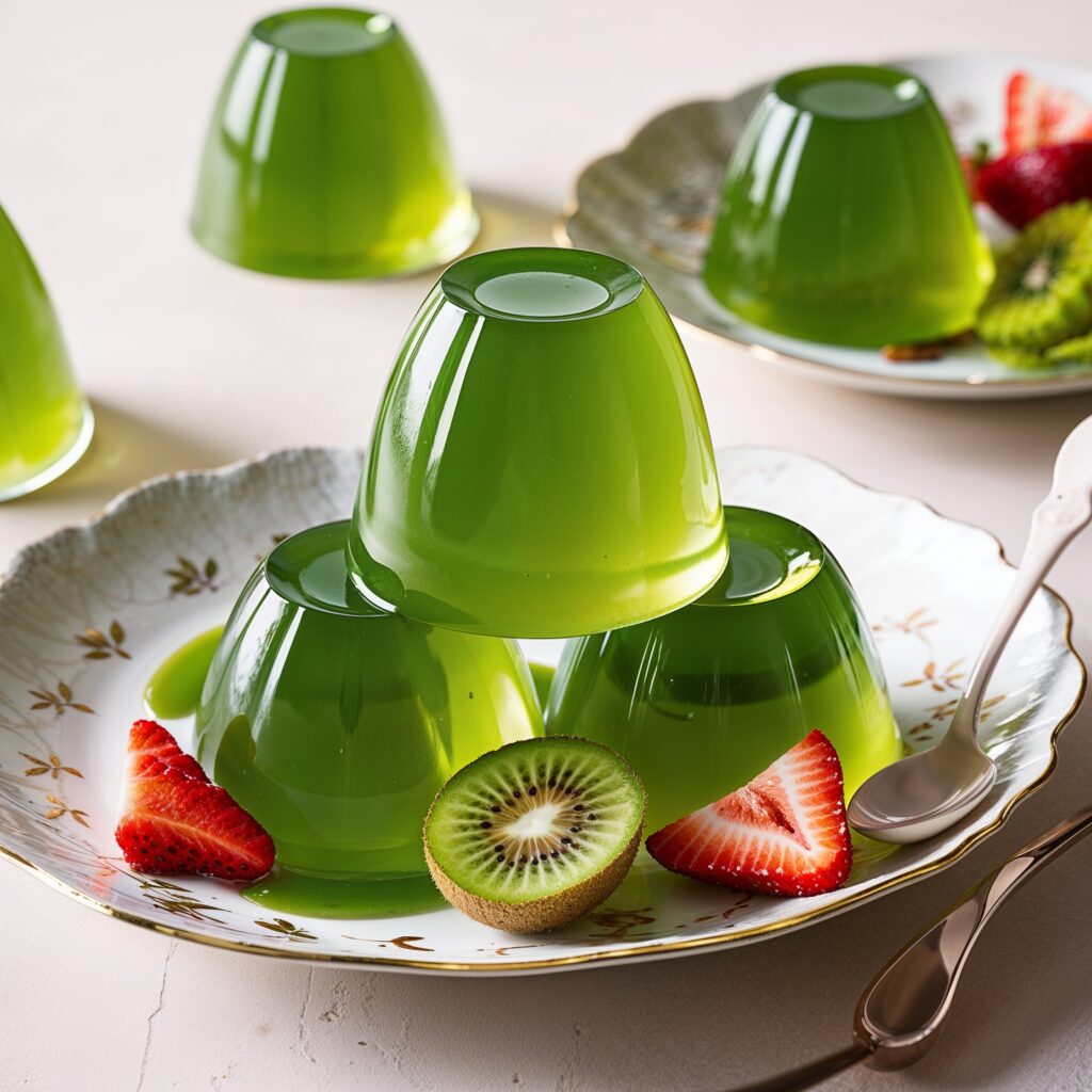 Vibrant green tea jelly served in elegant molds with fresh fruit.