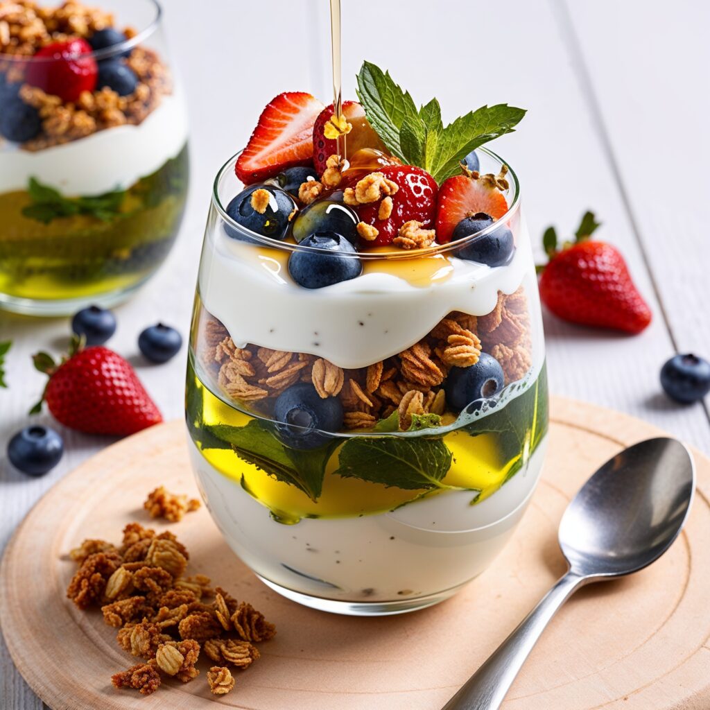 Layered green tea yogurt parfait with granola, berries, and honey.