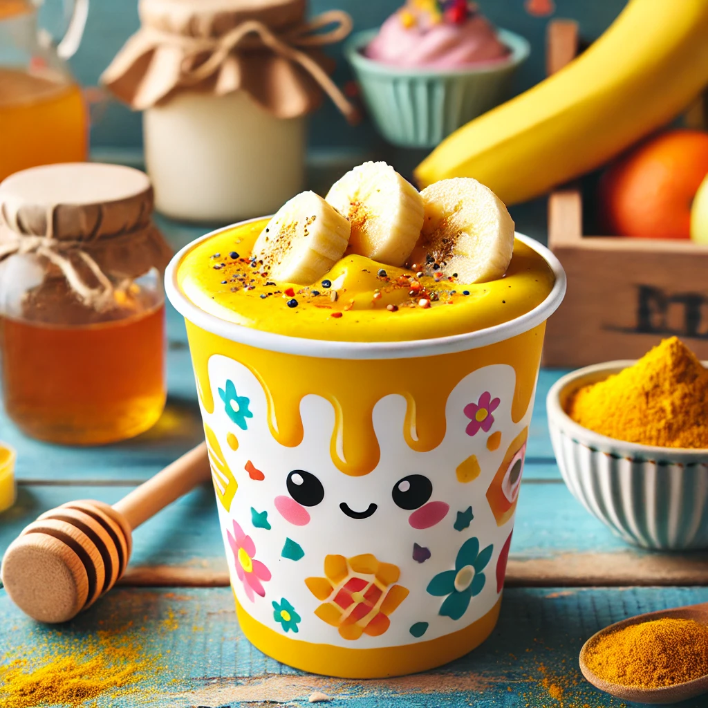 Vibrant and colorful image of the turmeric smoothie in a fun cup designed for kids!