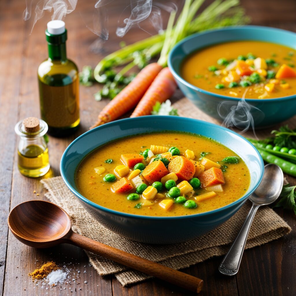 Golden Turmeric Vegetable Soup with mixed vegetables.