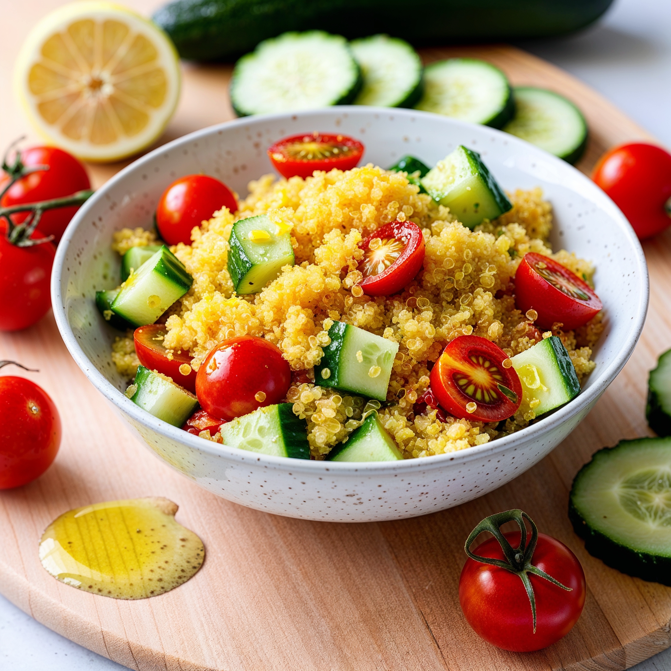 Colorful Turmeric Quinoa Salad with cherry tomatoes and cucumber.