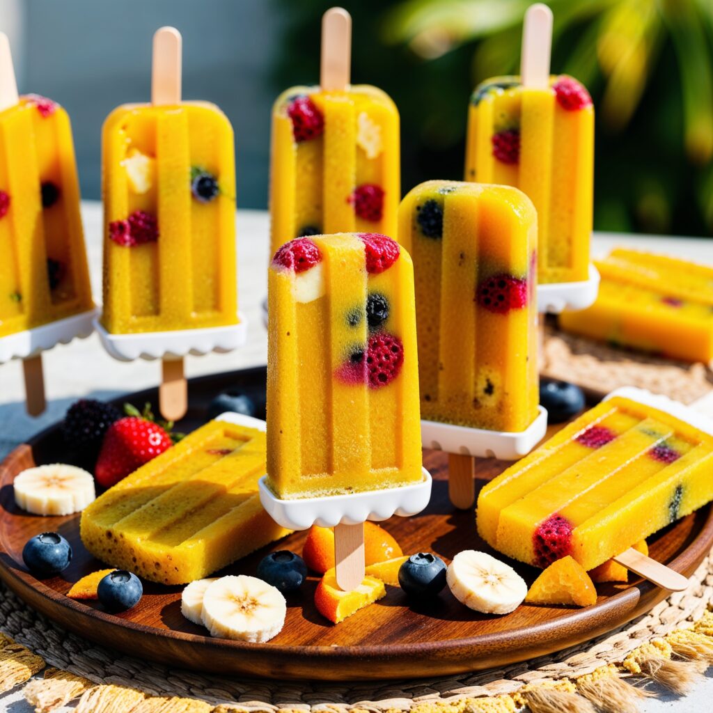 Bright Turmeric Fruit Popsicles with berries and bananas.