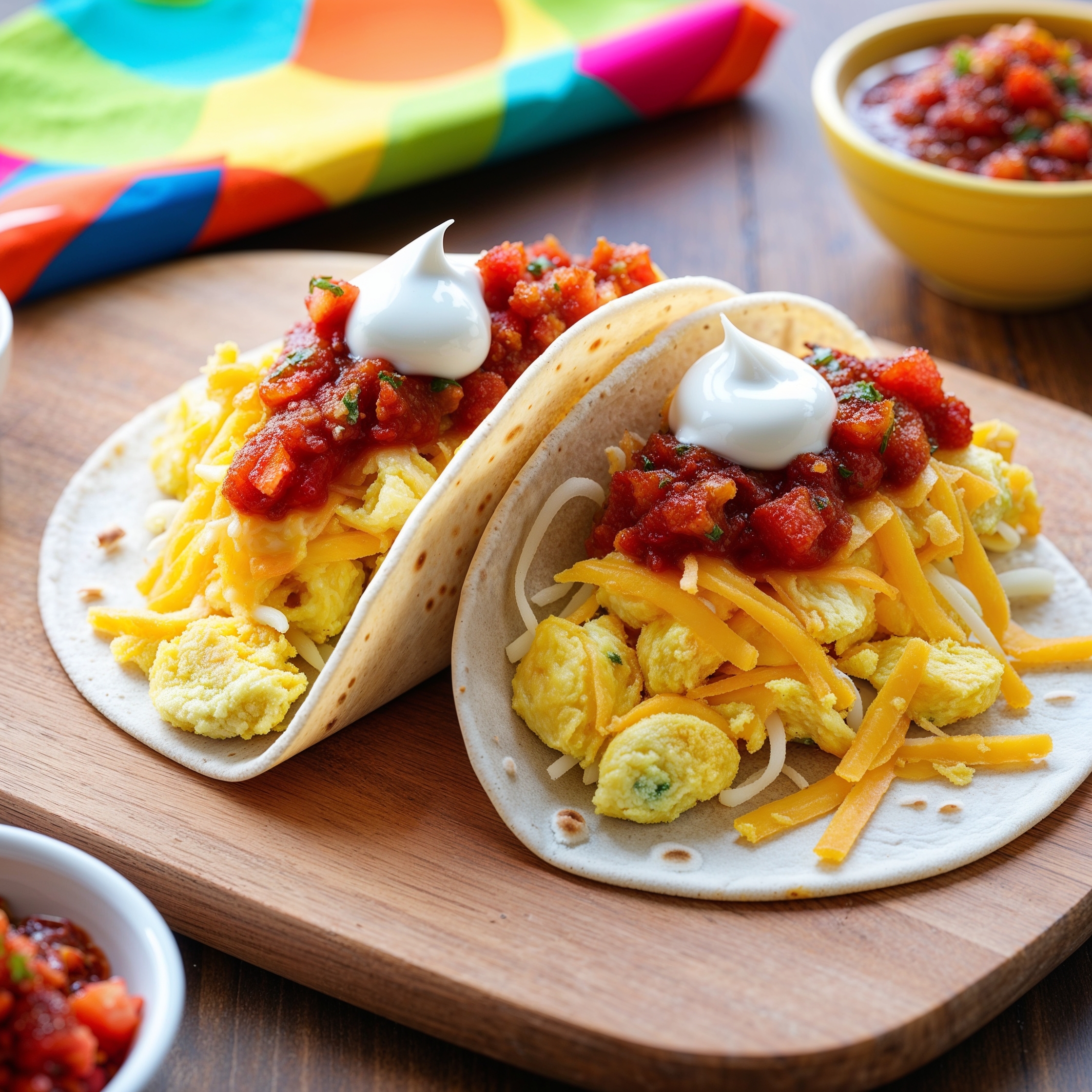 Scrambled egg tacos with cheese, salsa, and sour cream in soft tortillas.