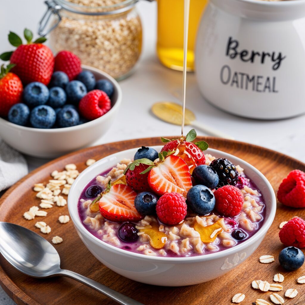 A warm bowl of Berry Oatmeal topped with mixed berries and drizzled with honey, set in a cozy kitchen scene, is a comforting choice among immunity boosting foods that provide essential nutrients for health.