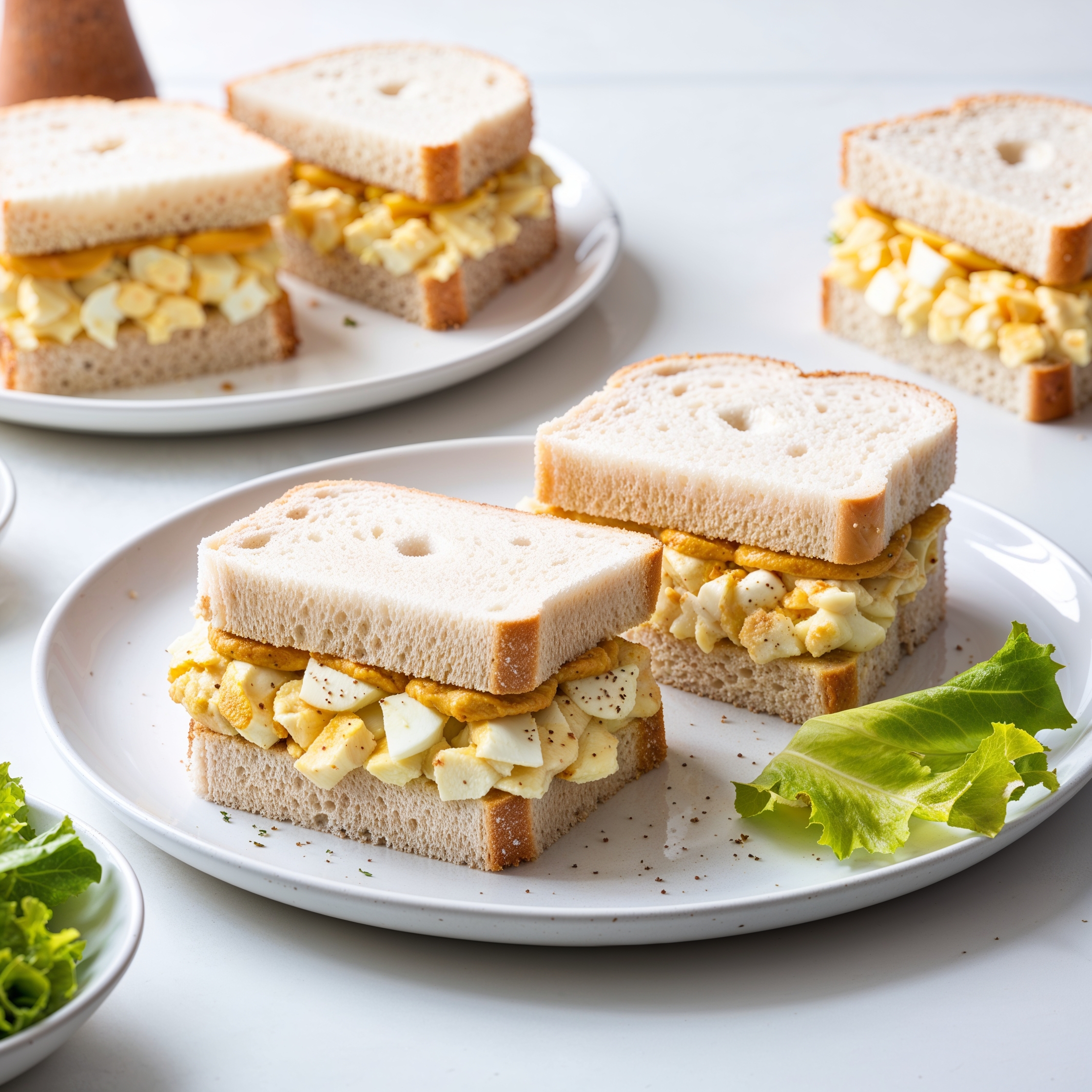 Egg Salad Sandwiches with creamy filling on soft bread, garnished with fresh herbs.