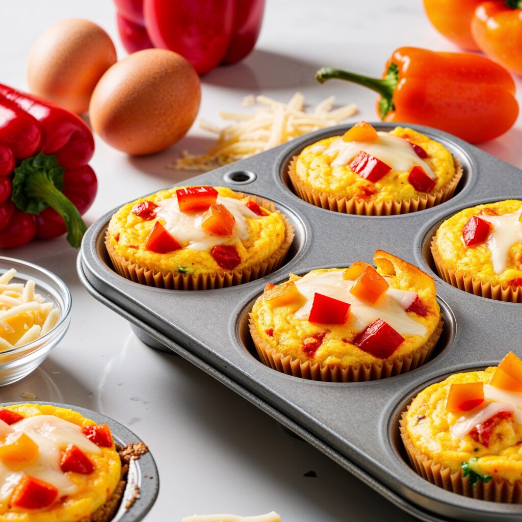 Freshly baked cheesy egg muffins in a tin, with colorful bell peppers and melted cheese on top.