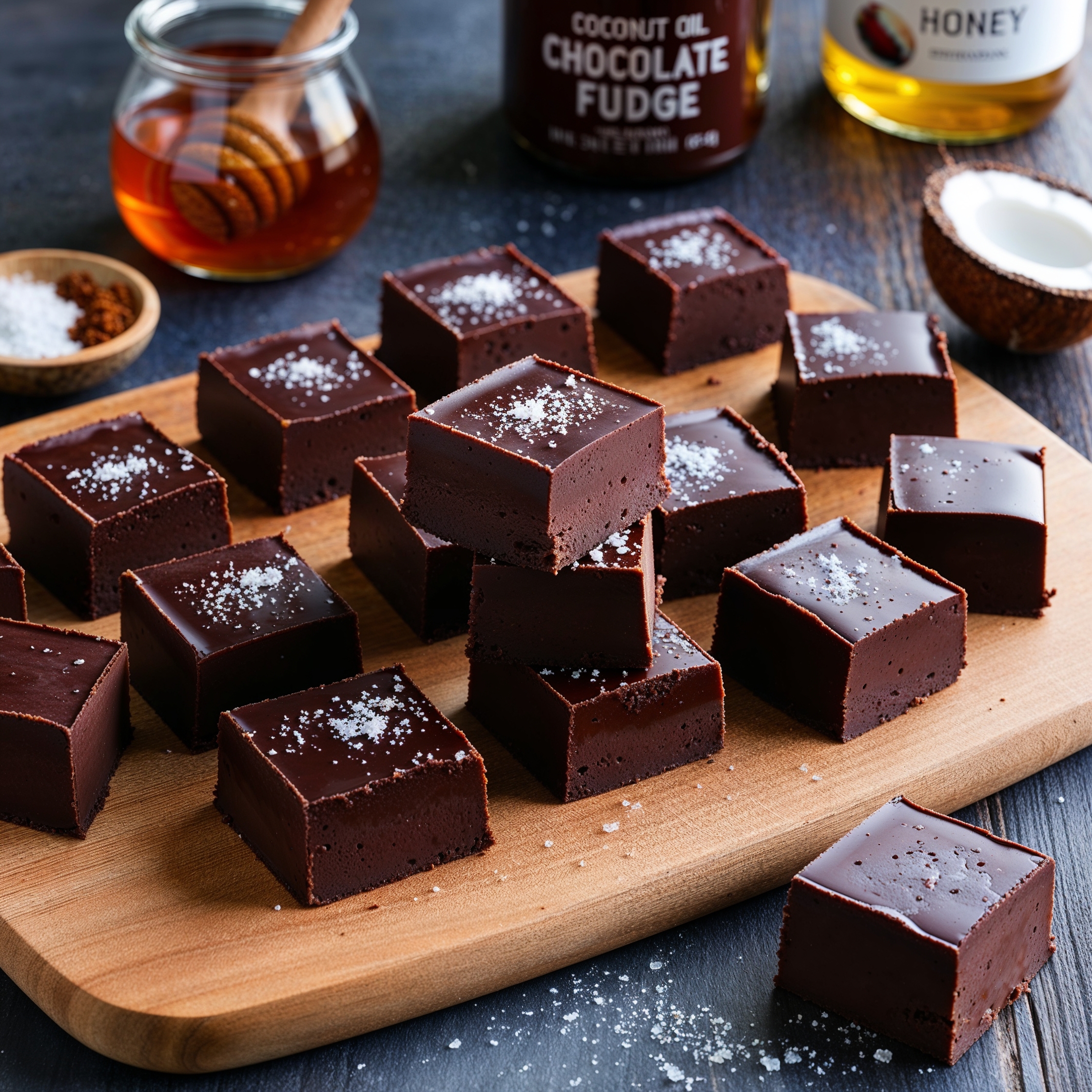 Squares of rich coconut oil chocolate fudge sprinkled with sea salt on a wooden board.