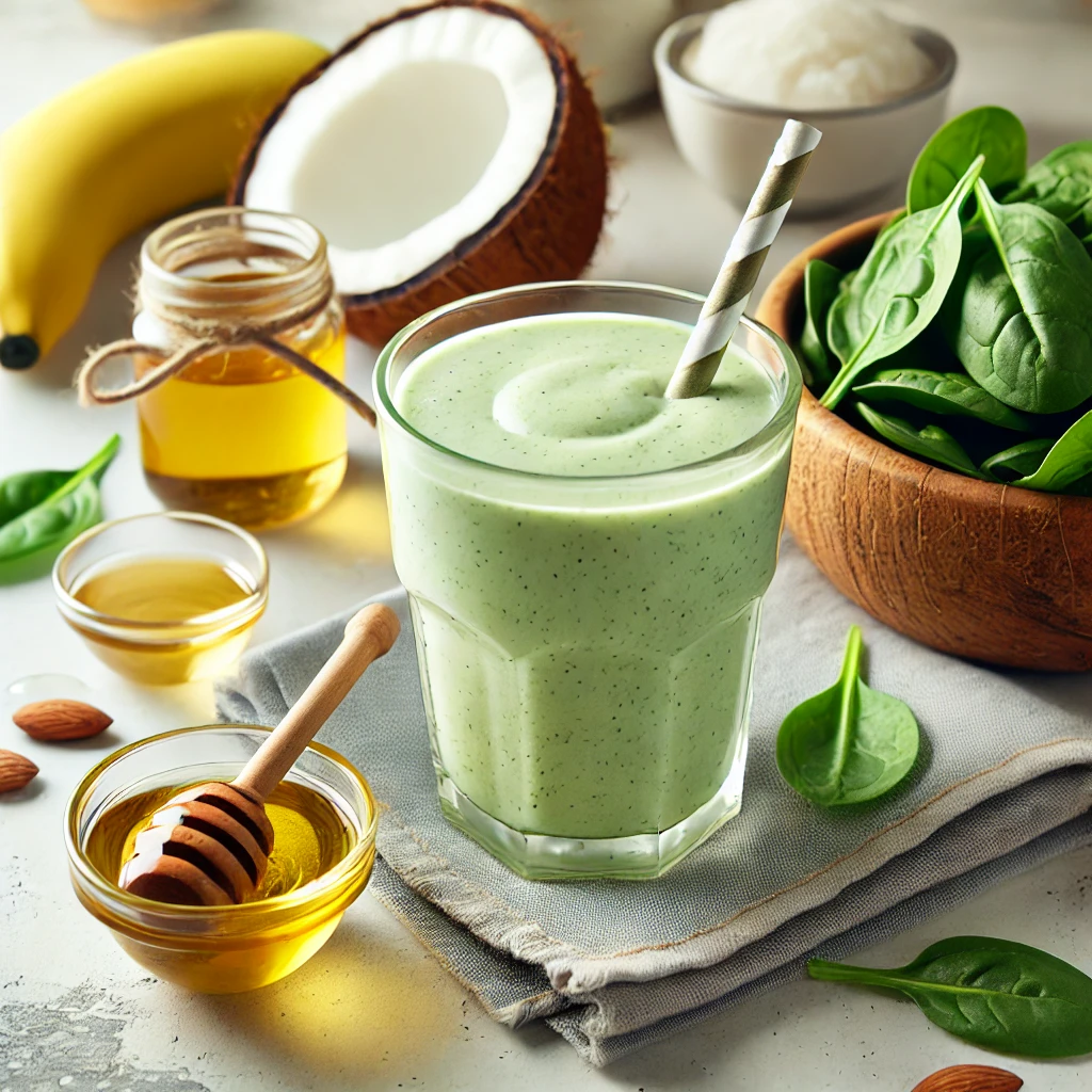 Green smoothie made with coconut oil, banana, spinach, and almond milk, served in a glass with a straw.