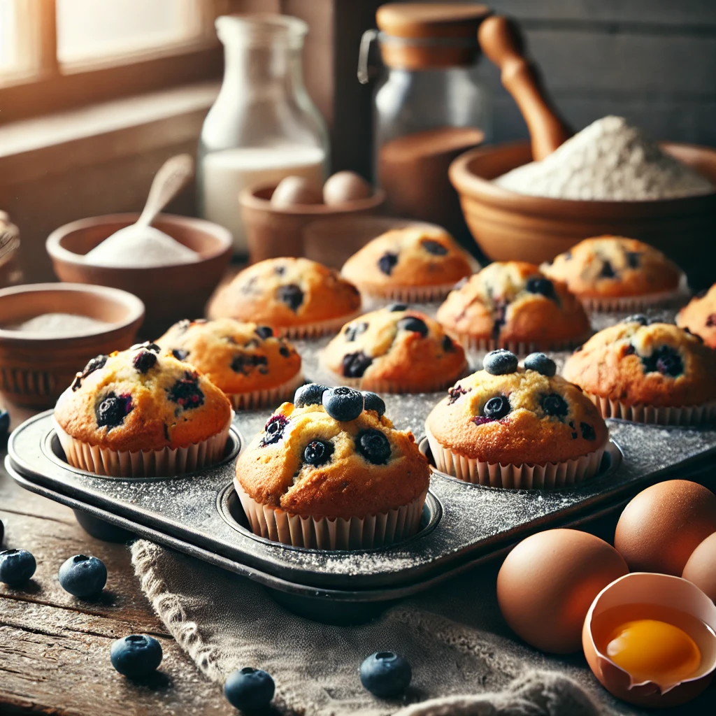 Freshly baked coconut oil blueberry muffins in a rustic tin, surrounded by baking ingredients.