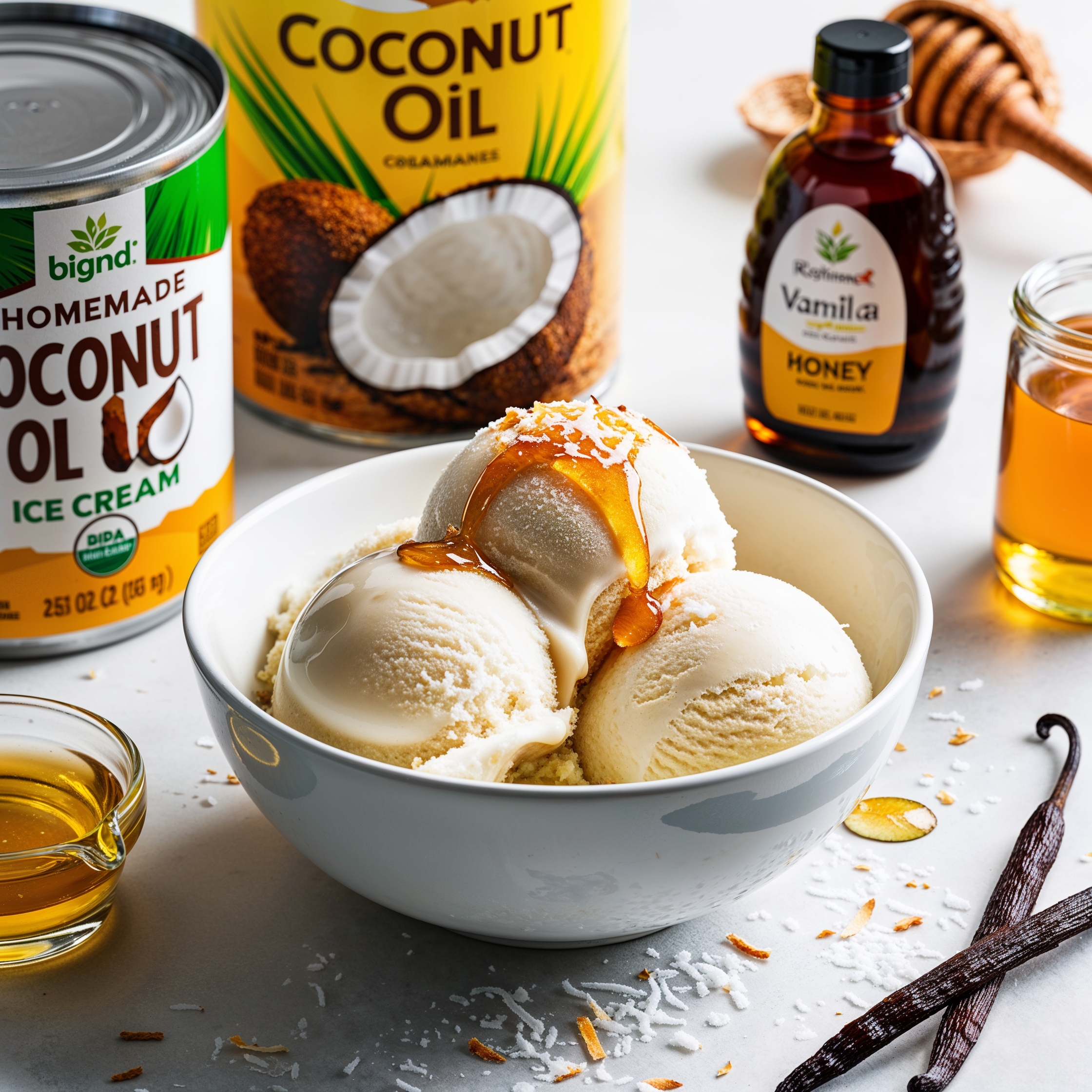 A bowl of creamy coconut oil ice cream topped with honey and shredded coconut, surrounded by the recipe ingredients.