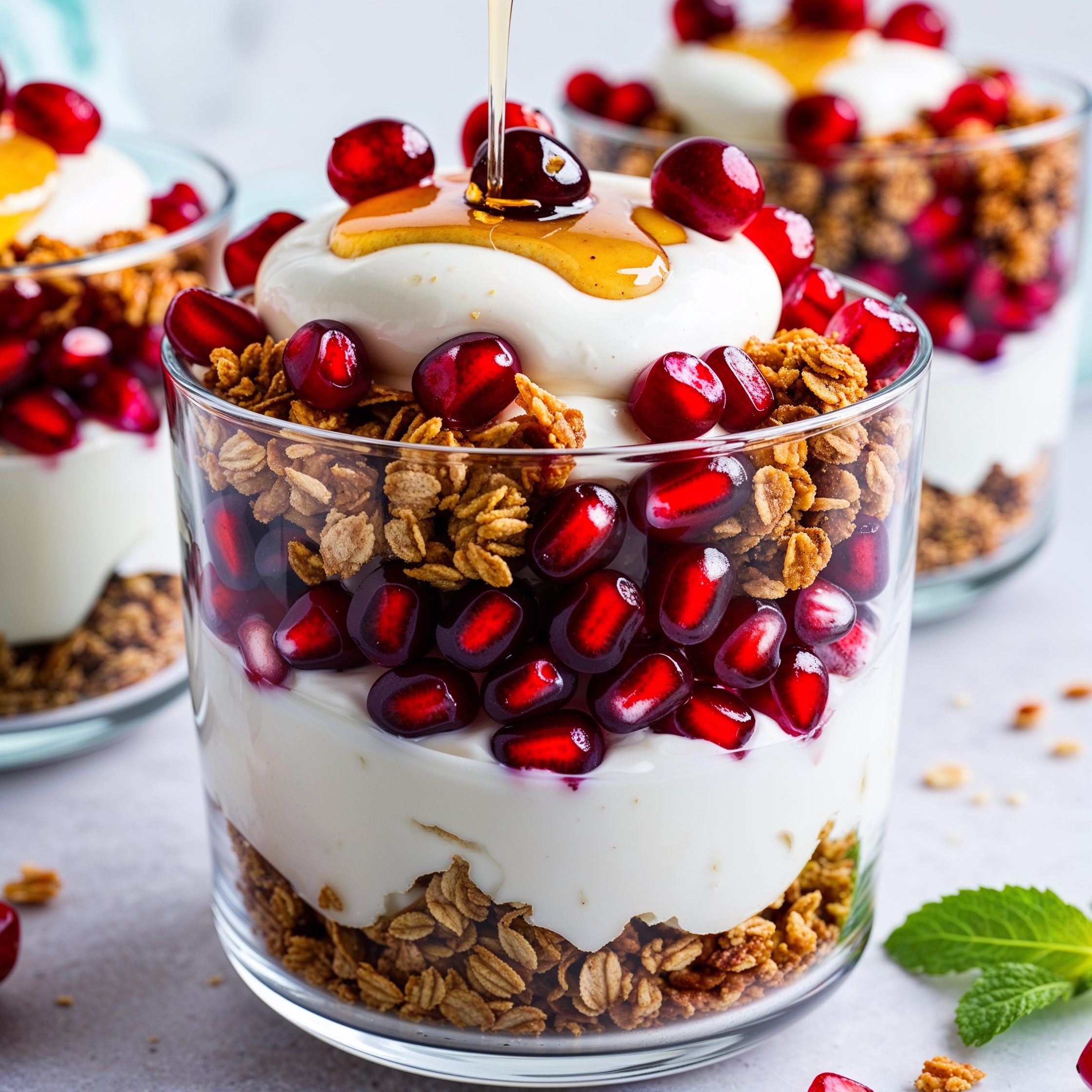 A layered pomegranate parfait with yogurt, pomegranate seeds, and granola, drizzled with honey.