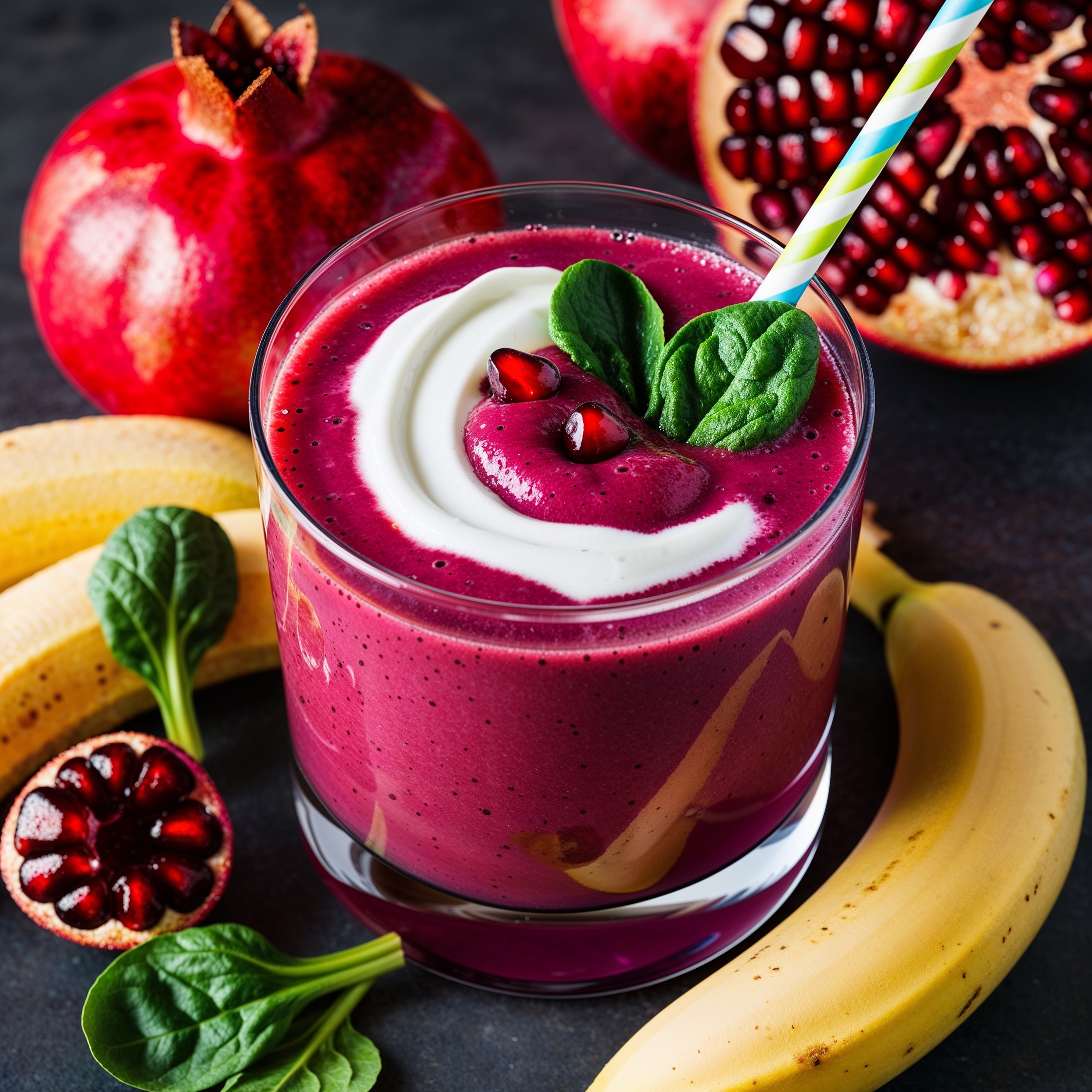 A refreshing pomegranate smoothie in a glass, topped with Greek yogurt and decorated with spinach leaves.