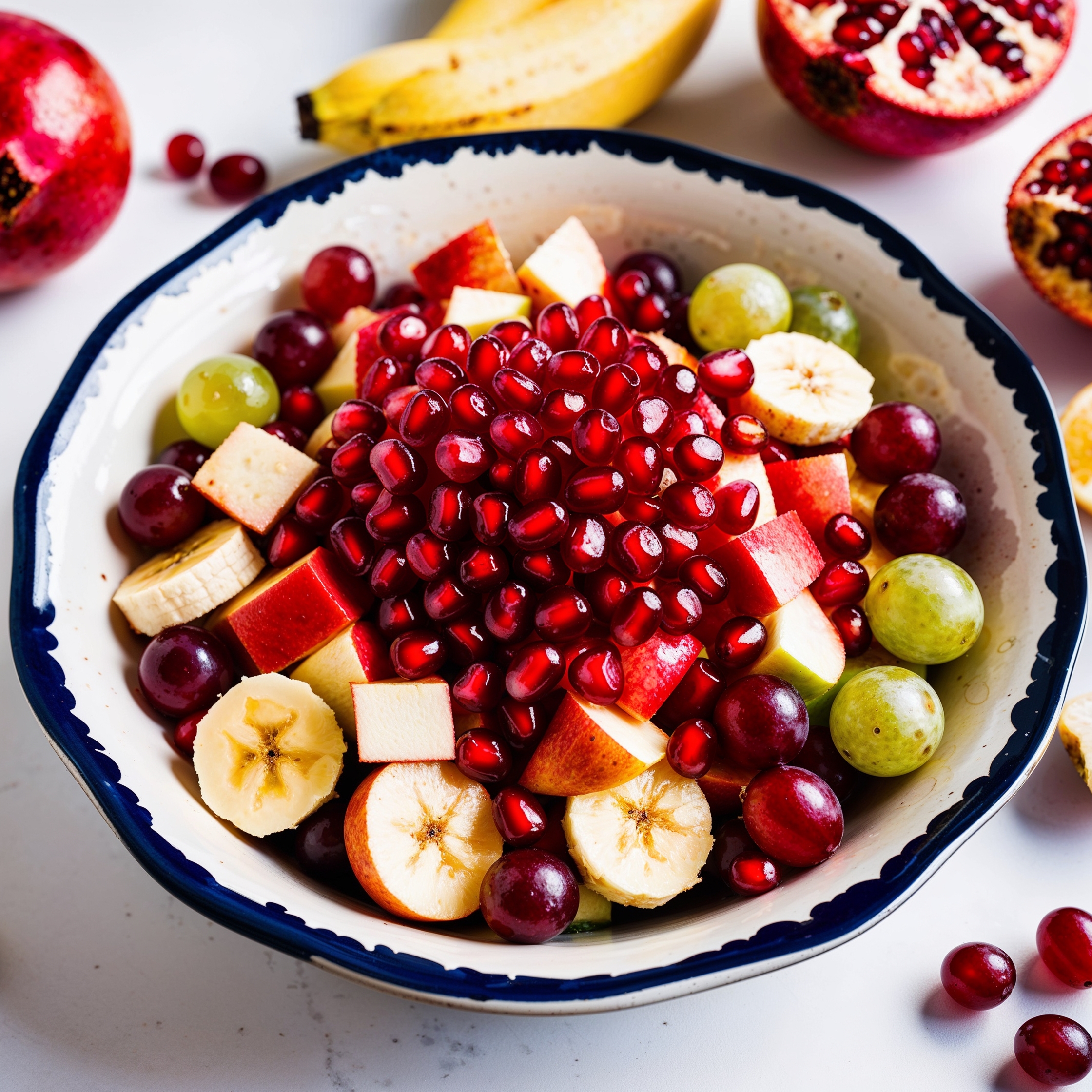 A bowl of colorful fruit salad featuring pomegranate seeds, diced apple, sliced banana, and halved grapes.