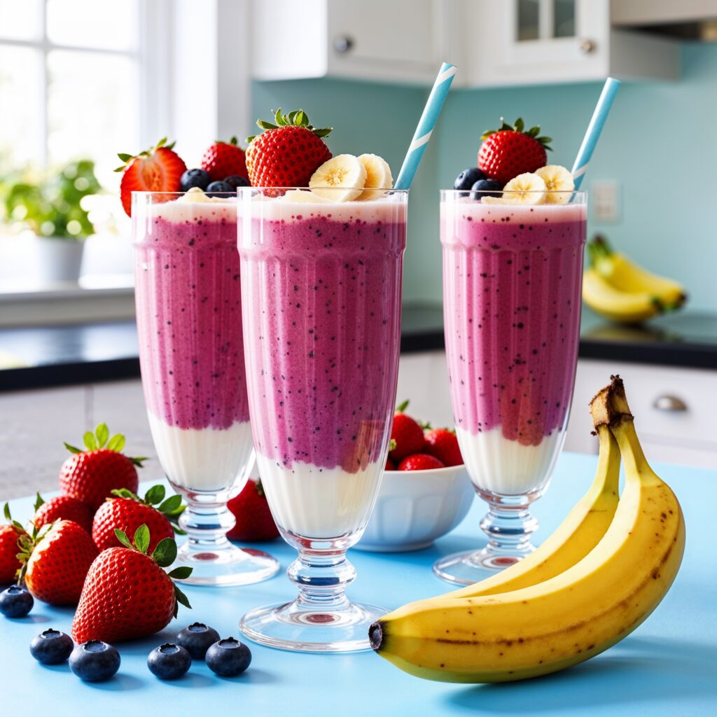 Tall glasses of creamy Berry Smoothie made with strawberries, blueberries, banana, yogurt, and milk, surrounded by fresh berries and a banana in a bright kitchen, are perfect examples of immune-boosting foods that nourish and support health.