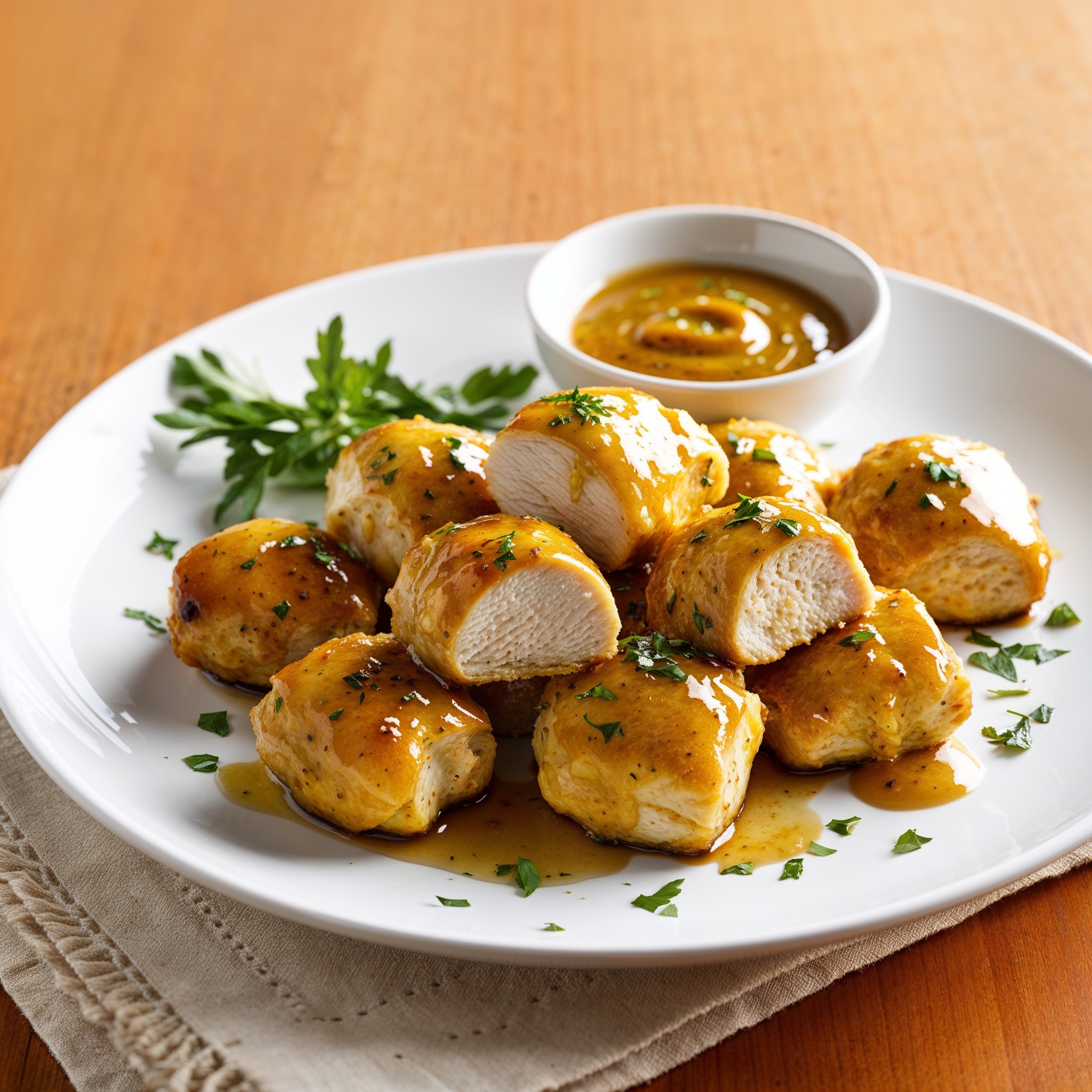 A plate of honey mustard chicken bites with a small bowl of sauce for dipping, featuring immunity-boosting ingredients for kids.