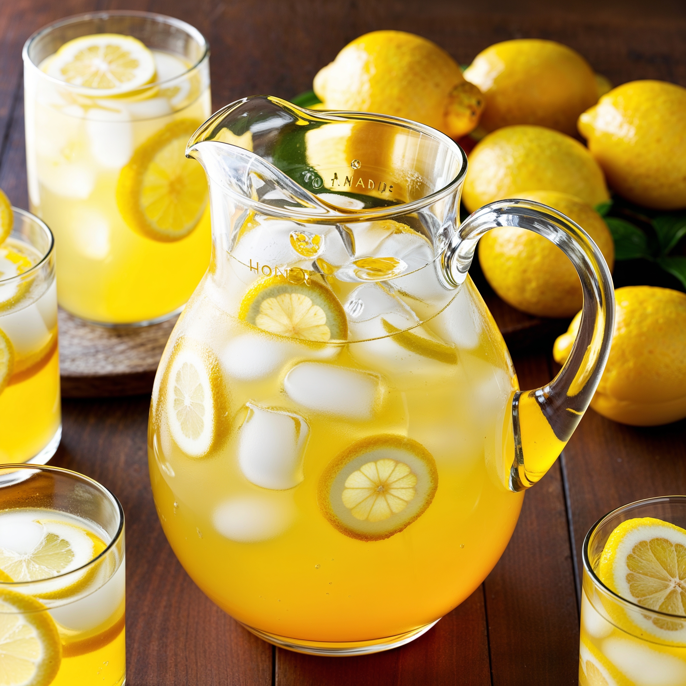 A pitcher of honey lemonade with ice, garnished with lemon slices.