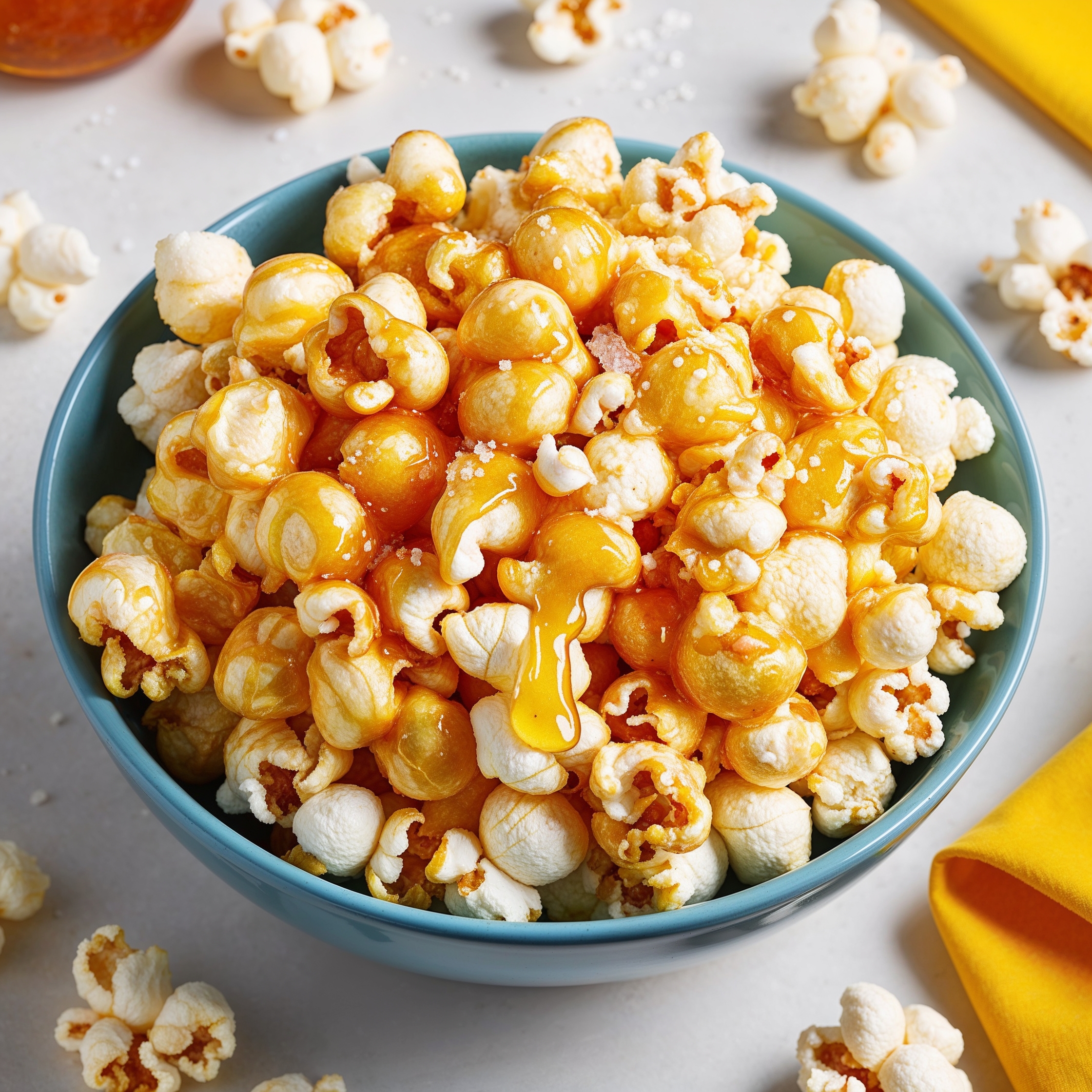 A bowl of honey-drizzled popcorn with a shiny coating.