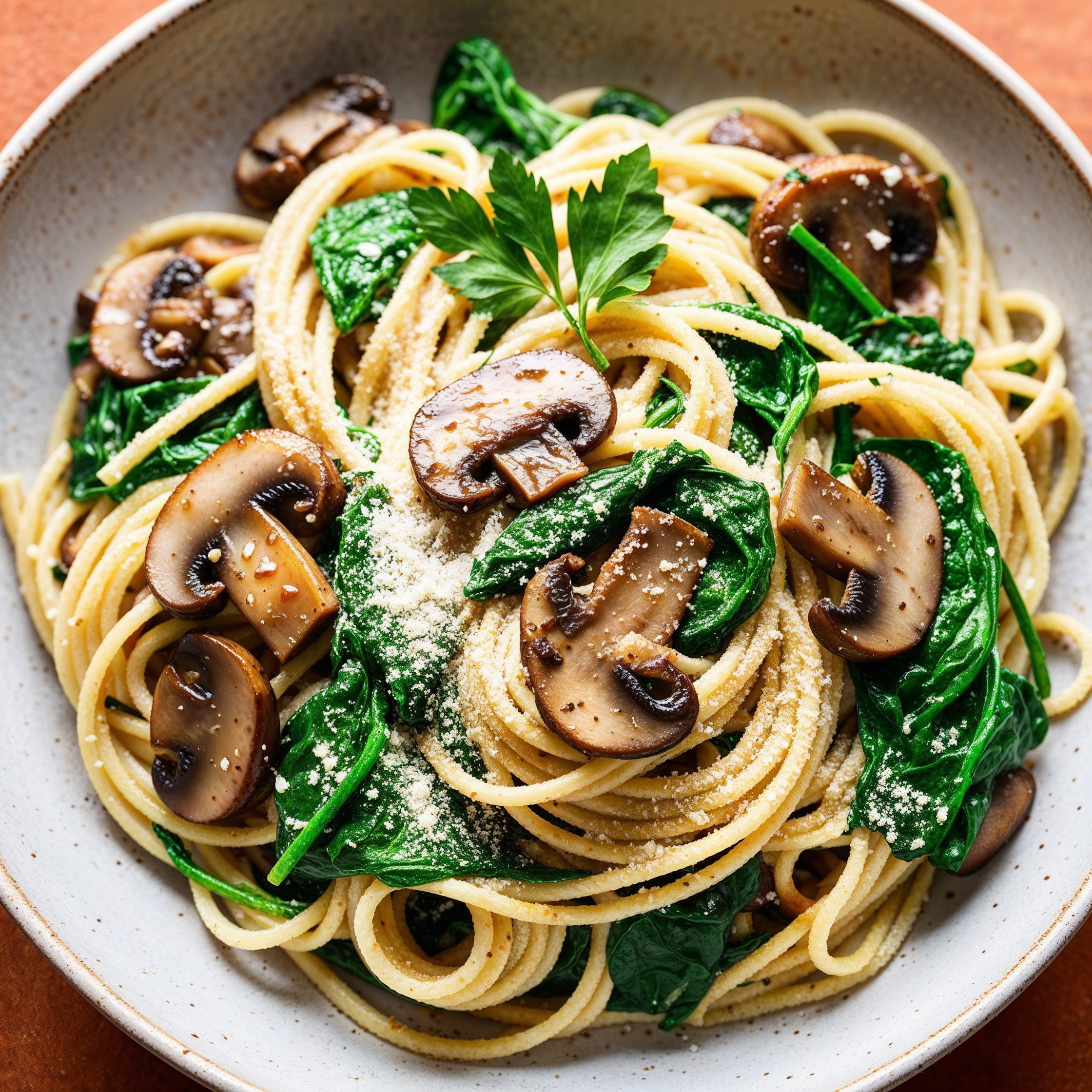 A bowl of mushroom and spinach pasta topped with Parmesan cheese.