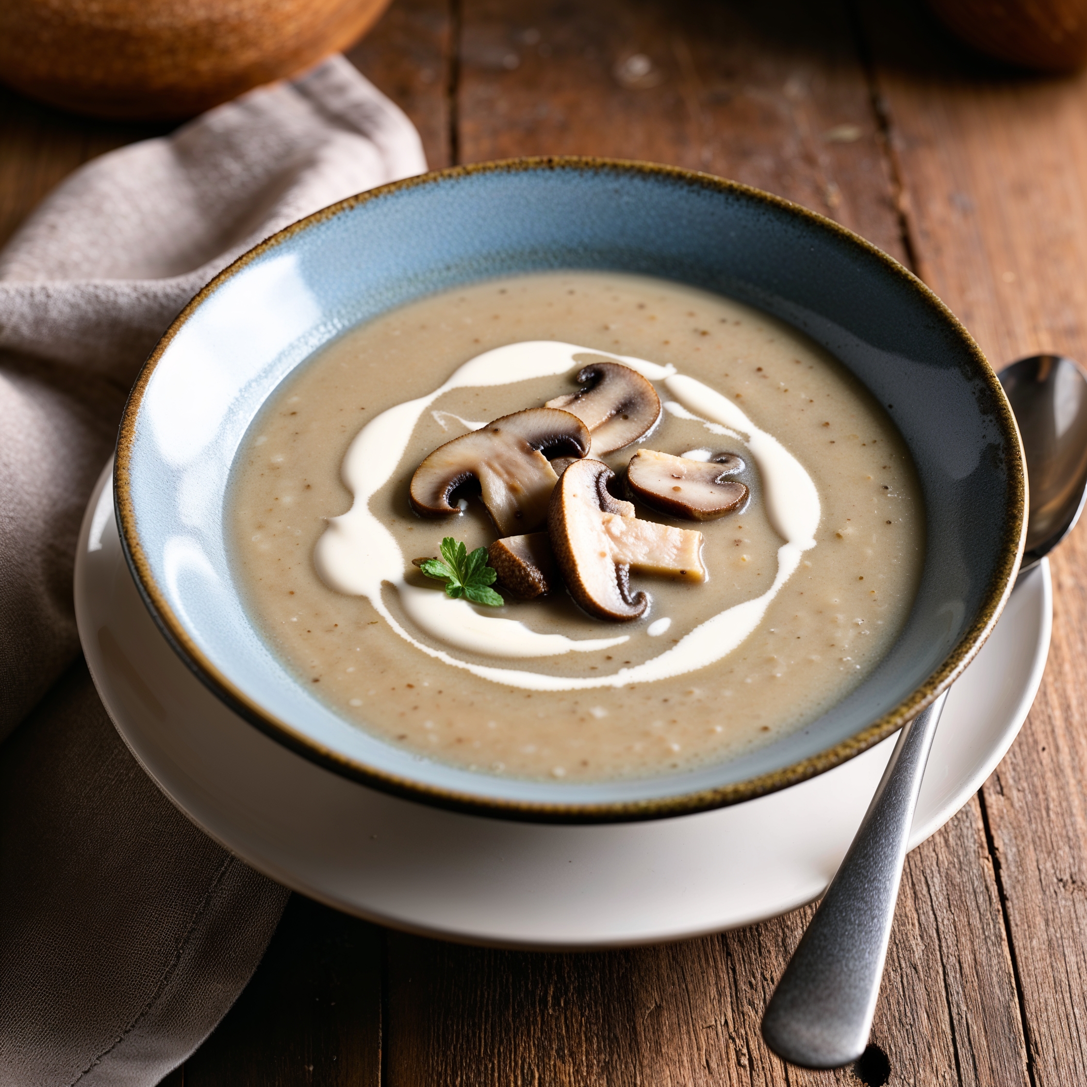 A bowl of creamy mushroom soup garnished with sliced mushrooms and cream.