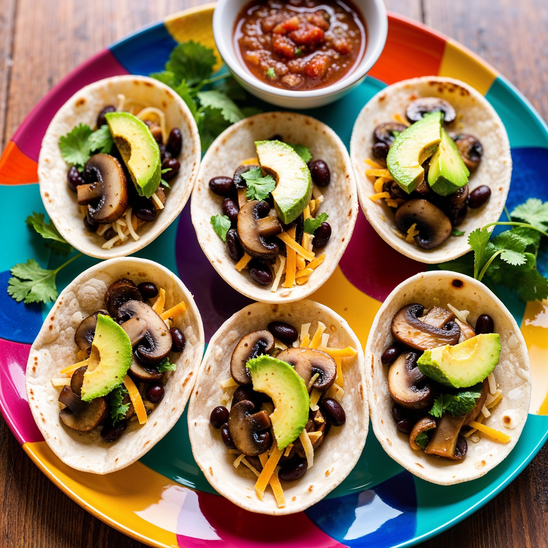 A plate of mini mushroom tacos filled with mushrooms, black beans, cheese, and avocado, featuring immunity-boosting ingredients for kids.