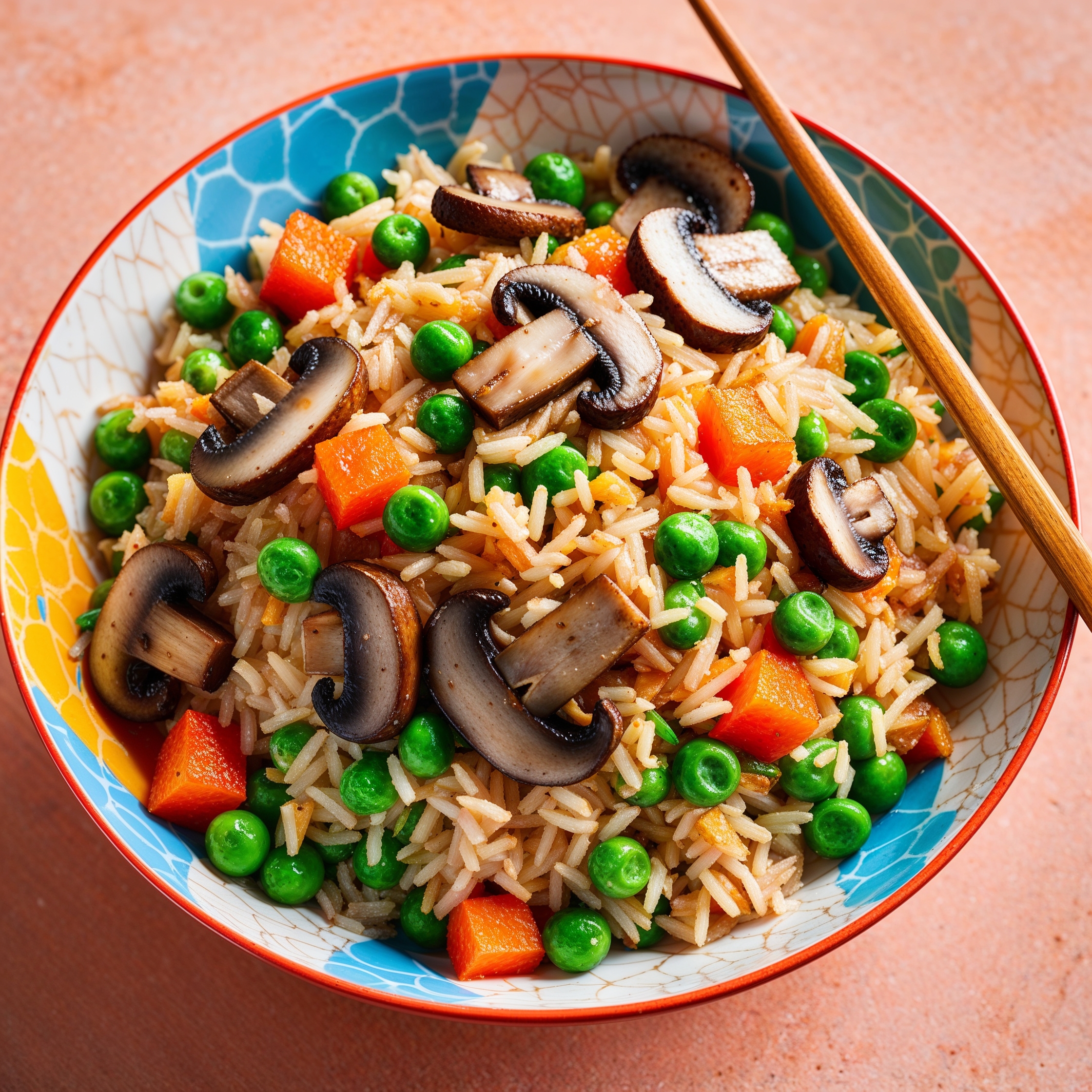 A bowl of mushroom fried rice with mushrooms, peas, and carrots, incorporating immunity-boosting foods for kids.