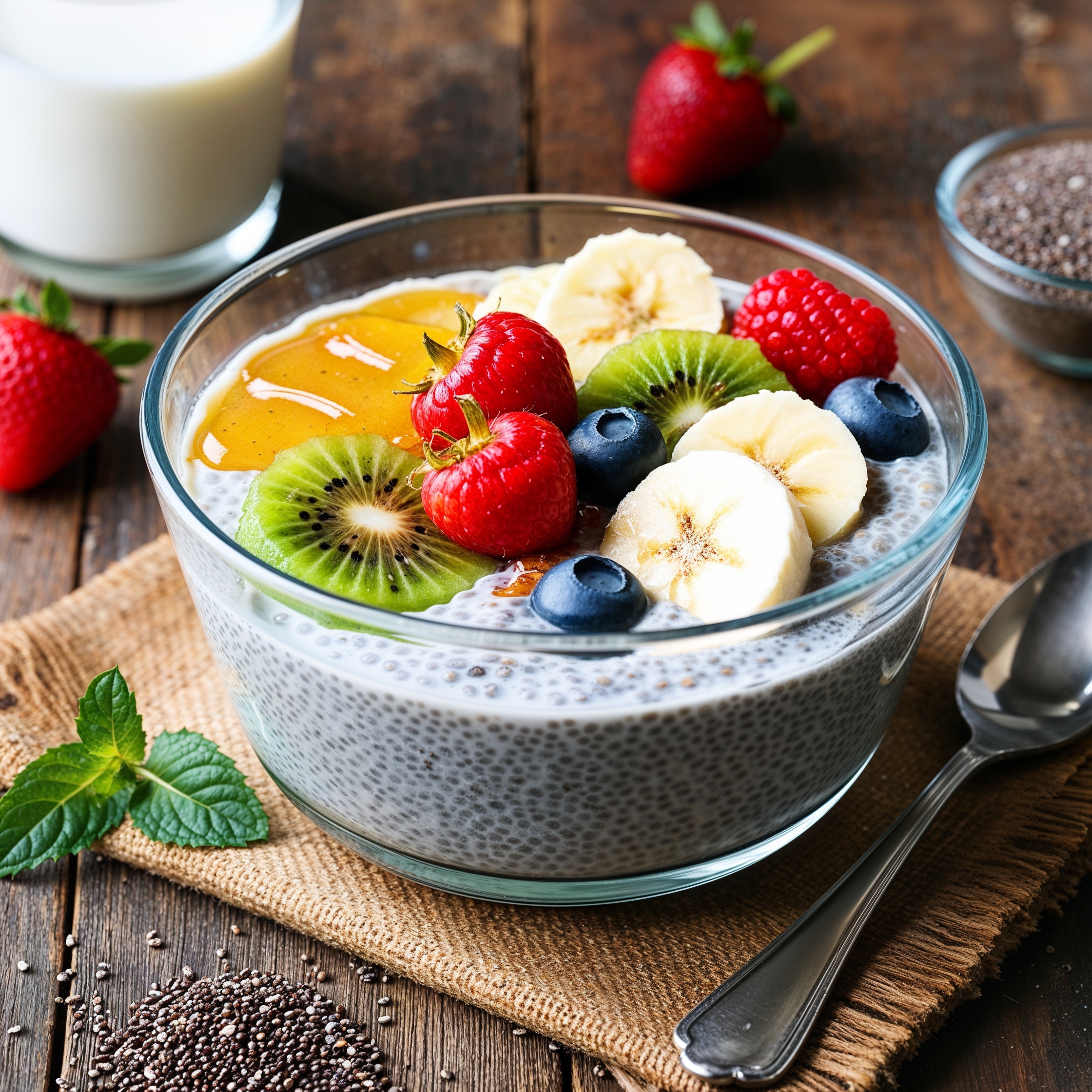 A creamy Chia Seed Pudding topped with fresh berries, banana slices, and a drizzle of honey, served in a glass bowl.