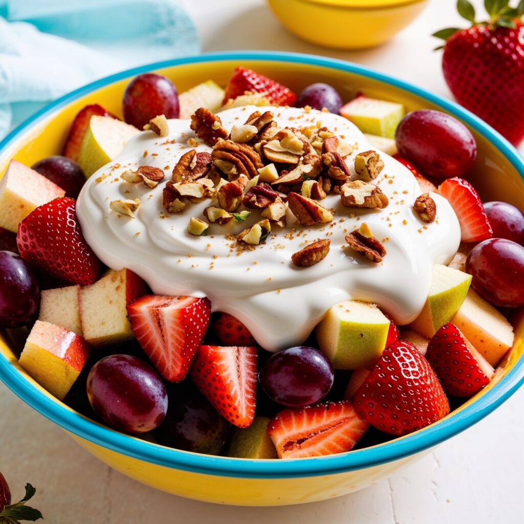 Colorful Yogurt Fruit Salad in a bowl with diced apples, grapes, strawberries, creamy yogurt, and crunchy nuts is a vibrant example of immune-boosting foods in a bright and inviting setting.
