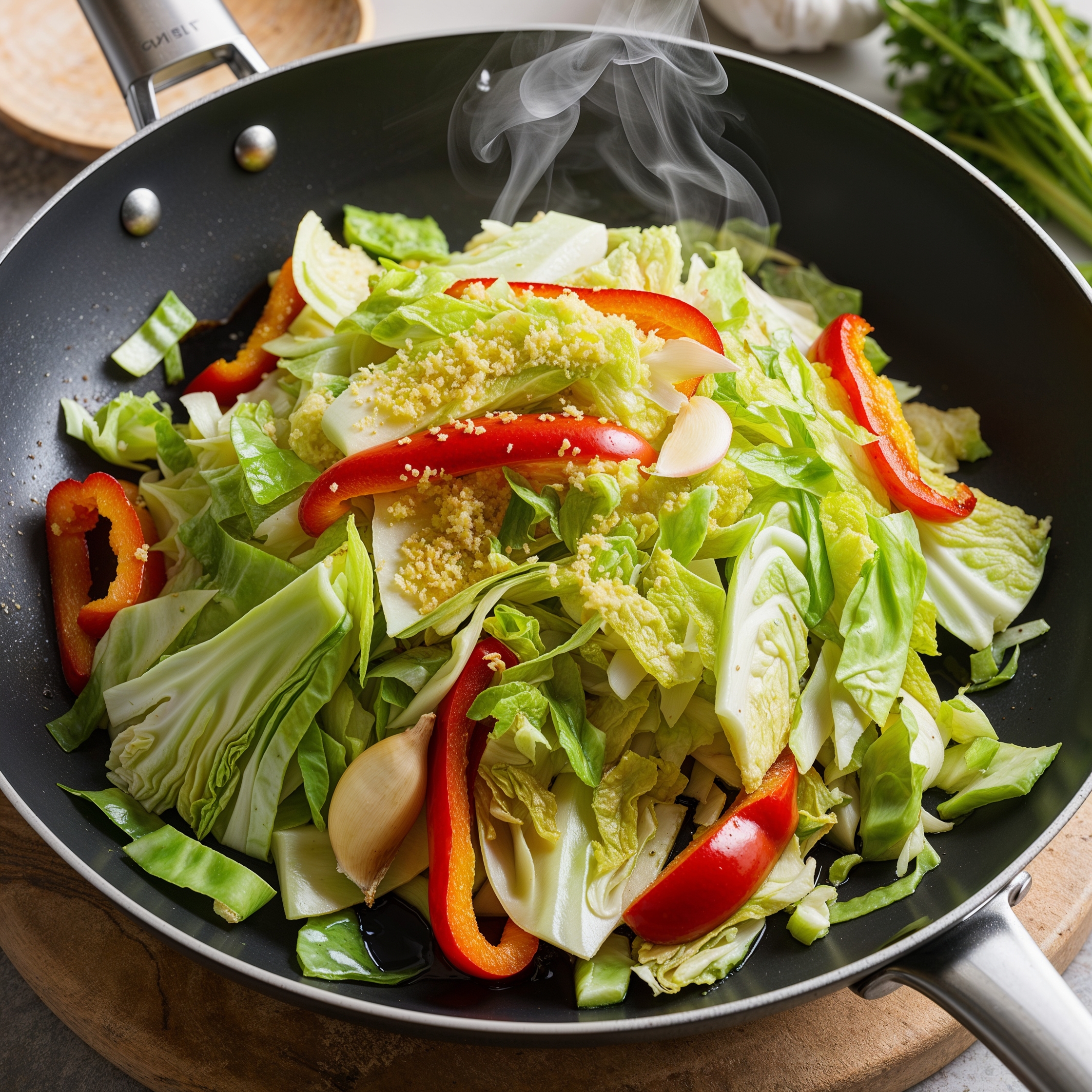 A vibrant Cabbage Stir-Fry with chopped cabbage, bell peppers, garlic, and a drizzle of soy sauce.