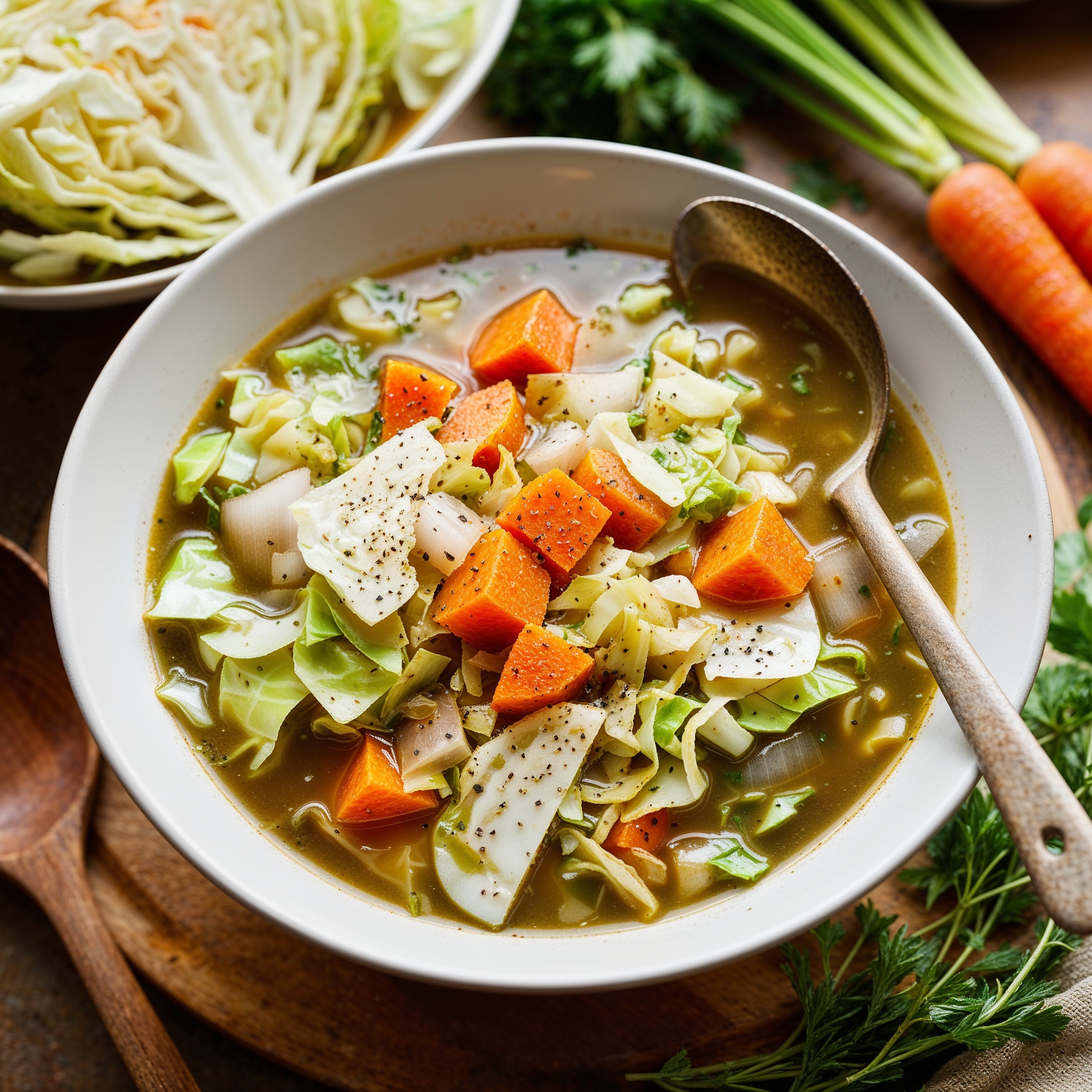A hearty bowl of Cabbage Soup with chopped cabbage, sliced carrots, onions, and a sprinkle of pepper, packed with immune-boosting foods for kids.