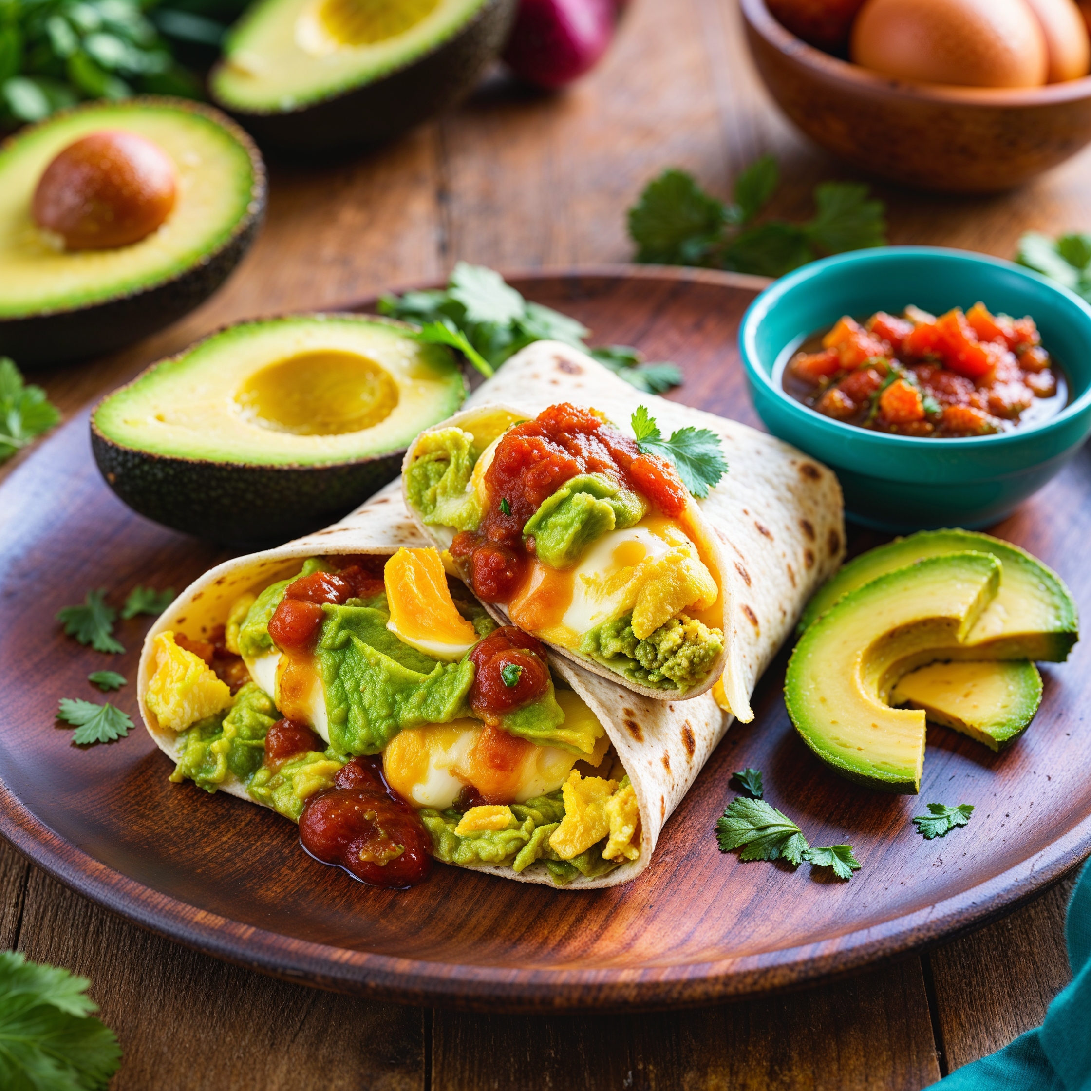 A delicious Avocado and Egg Breakfast Burrito filled with scrambled eggs, avocado, cheese, and salsa, served on a wooden plate, featuring immunity-boosting ingredients for kids.