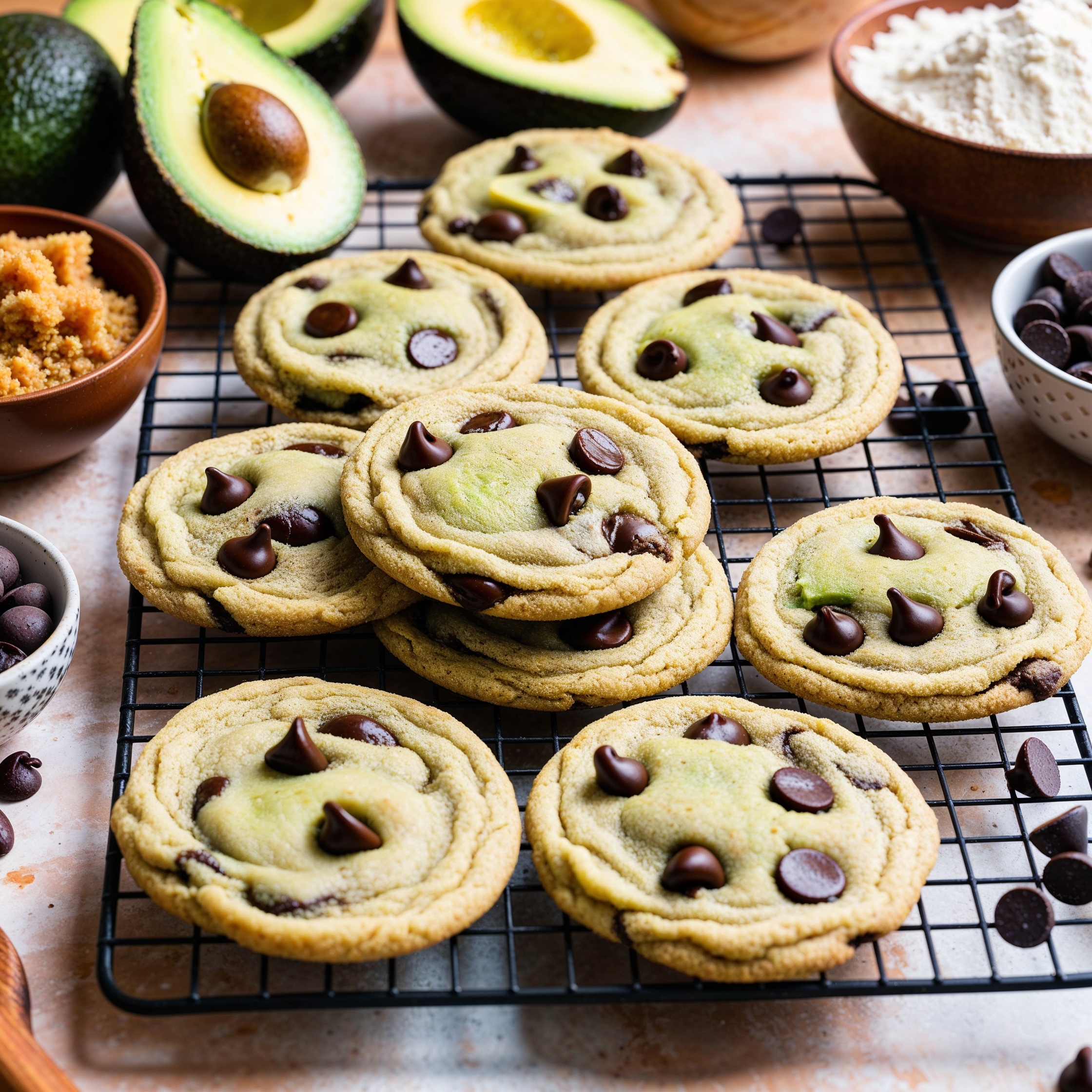 A batch of soft Avocado Chocolate Chip Cookies with melted chocolate chips, surrounded by ingredients like ripe avocados and brown sugar.
