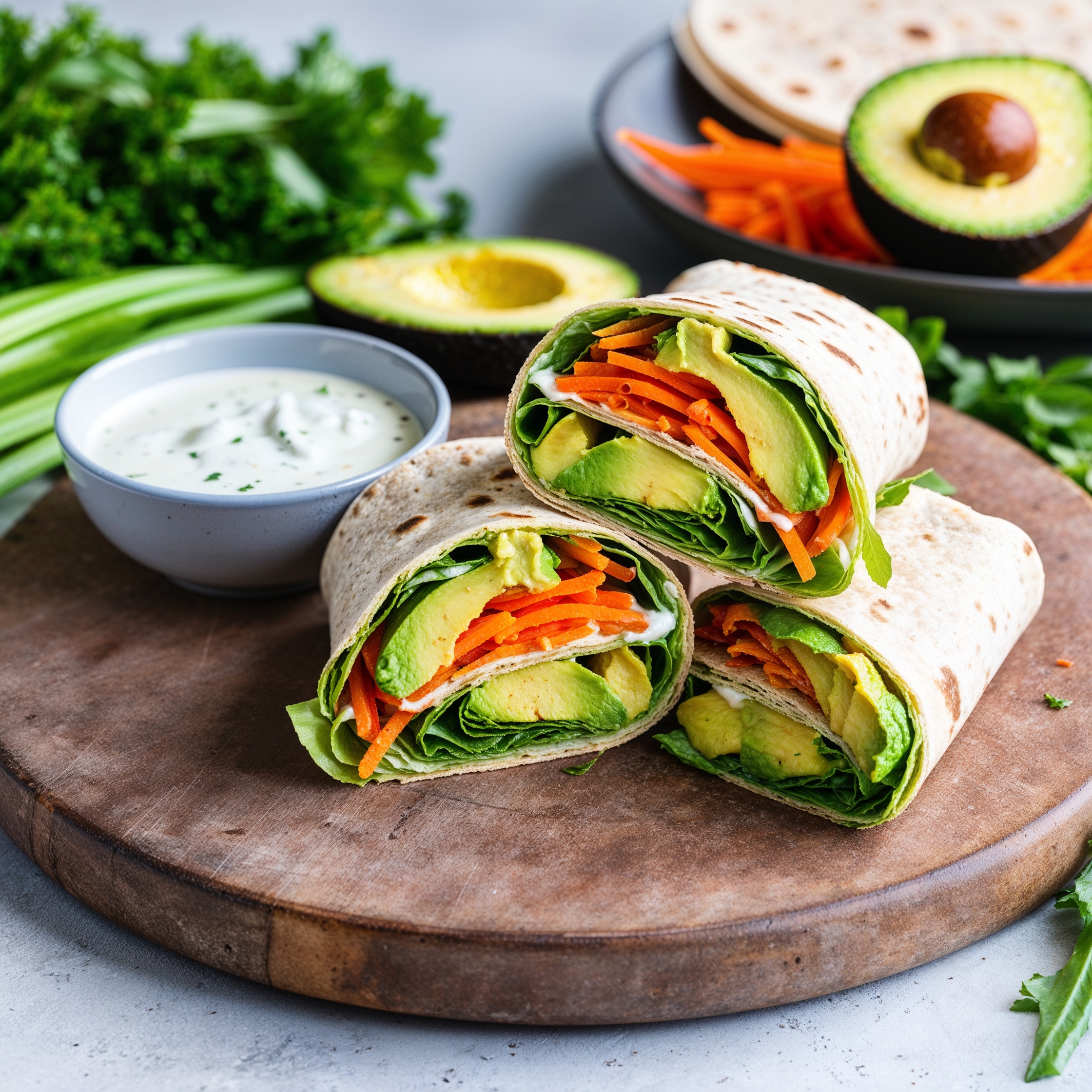 A colorful Avocado Veggie Wrap filled with mashed avocado, lettuce, and shredded carrots, served with ranch dressing.