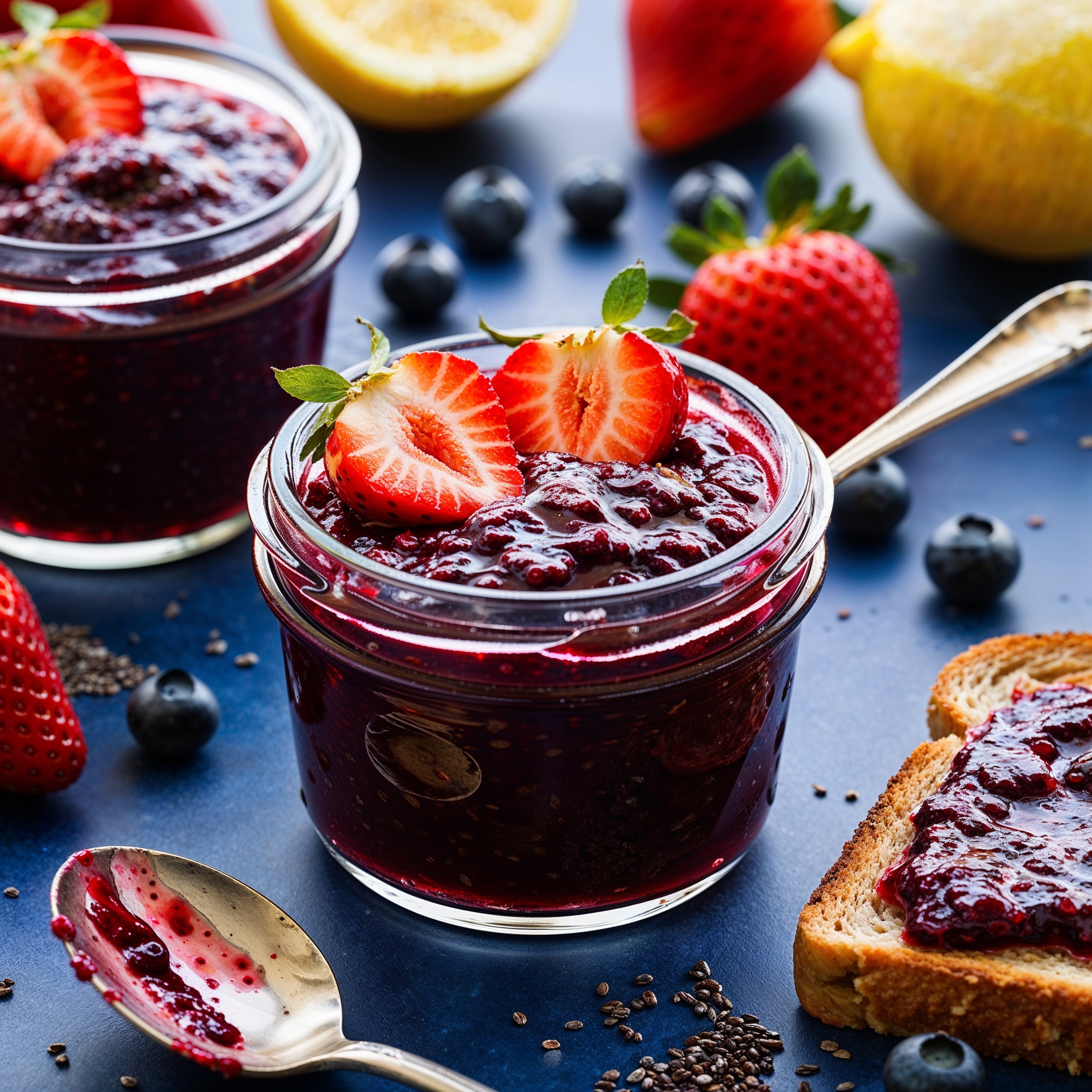A jar of Chia Seed Jam made with strawberries, displayed with a slice of toast spread with the jam and fresh fruit.