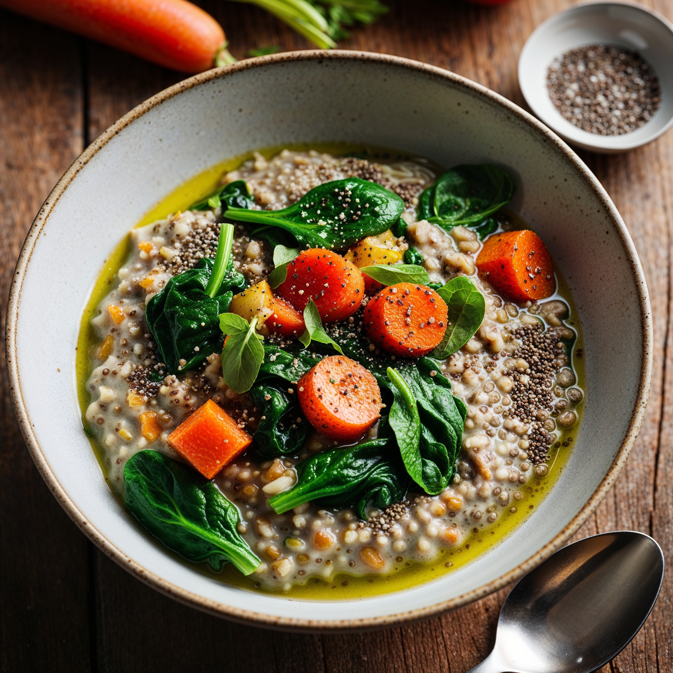 A bowl of Chia Seed Savory Porridge with vegetables, garnished with chia seeds, served with a spoon on a rustic table.