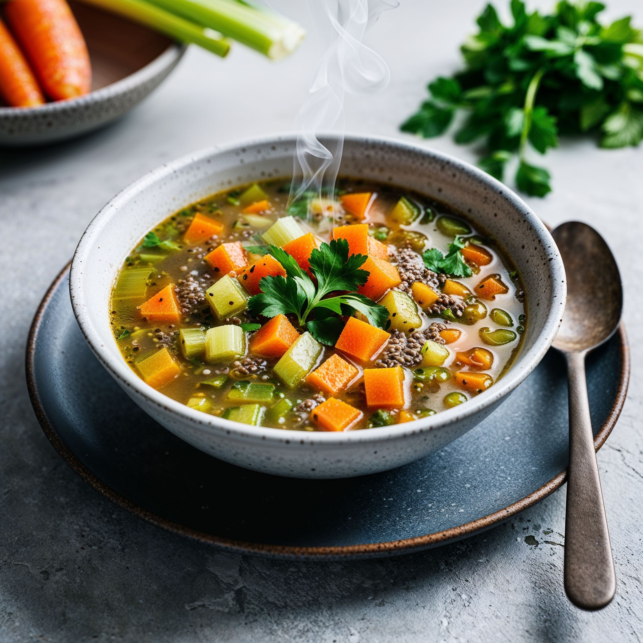 A steaming bowl of Chia Seed Soup with diced vegetables and herbs, served with a rustic spoon on a textured table.